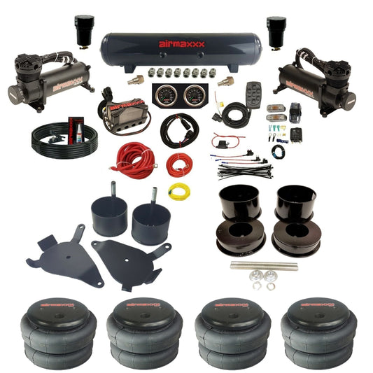 airmaxxx 480 black air compressors X4 manifold steel air tank 2500 bags and brackets for 1978-88 GM G-Body KGBDY-480B2-57S-X4X7-WK-HF