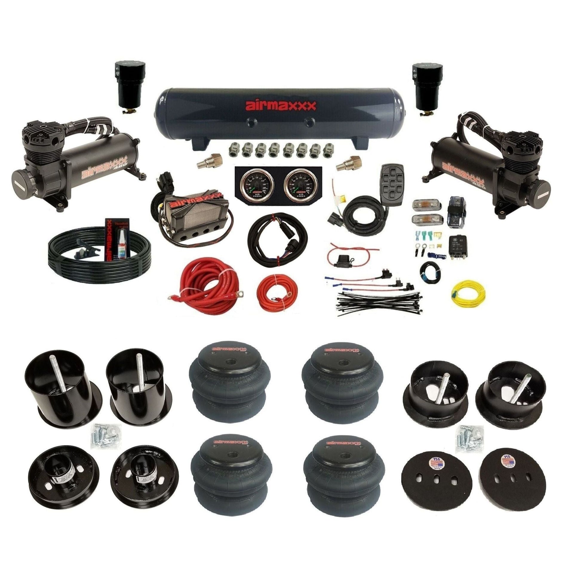 airmaxxx 480 black air compressors X4 manifold steel air tank 2600 bags & brackets fits 1963 Cadillac KCAD63-480B2-57S-X4X7-WK-HF