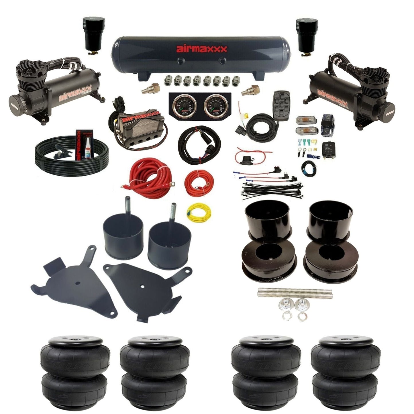 airmaxxx 480 black air compressors X4 manifold steel air tank Air Lift bags and brackets for 1978-88 GM G-Body KGBDY-480B2-57S-X4X7-WK-HFD25