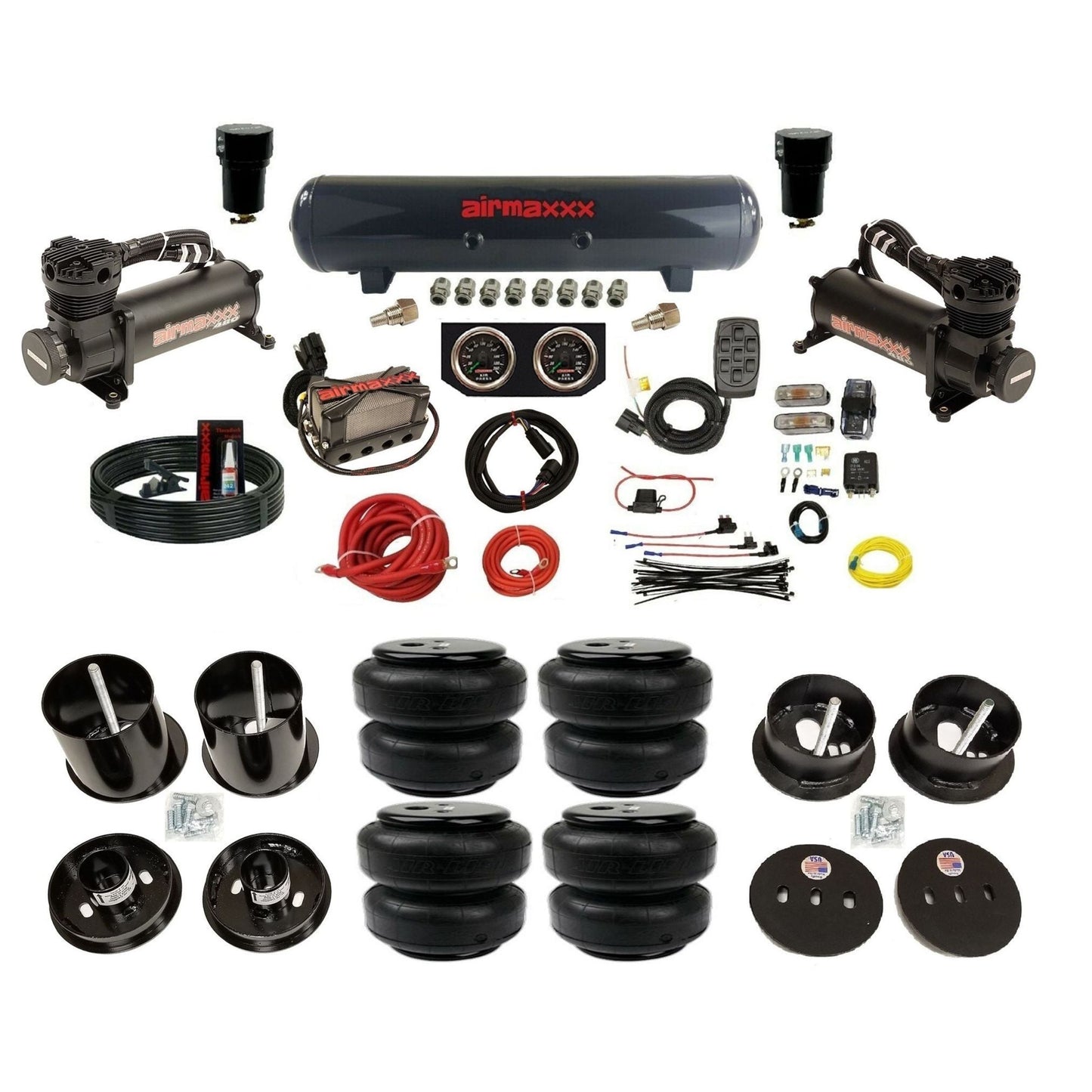 airmaxxx 480 black air compressors X4 manifold steel air tank Air Lift bags & brackets fits 1963 Cadillac KCAD63-480B2-57S-X4X7-WK-HFD25