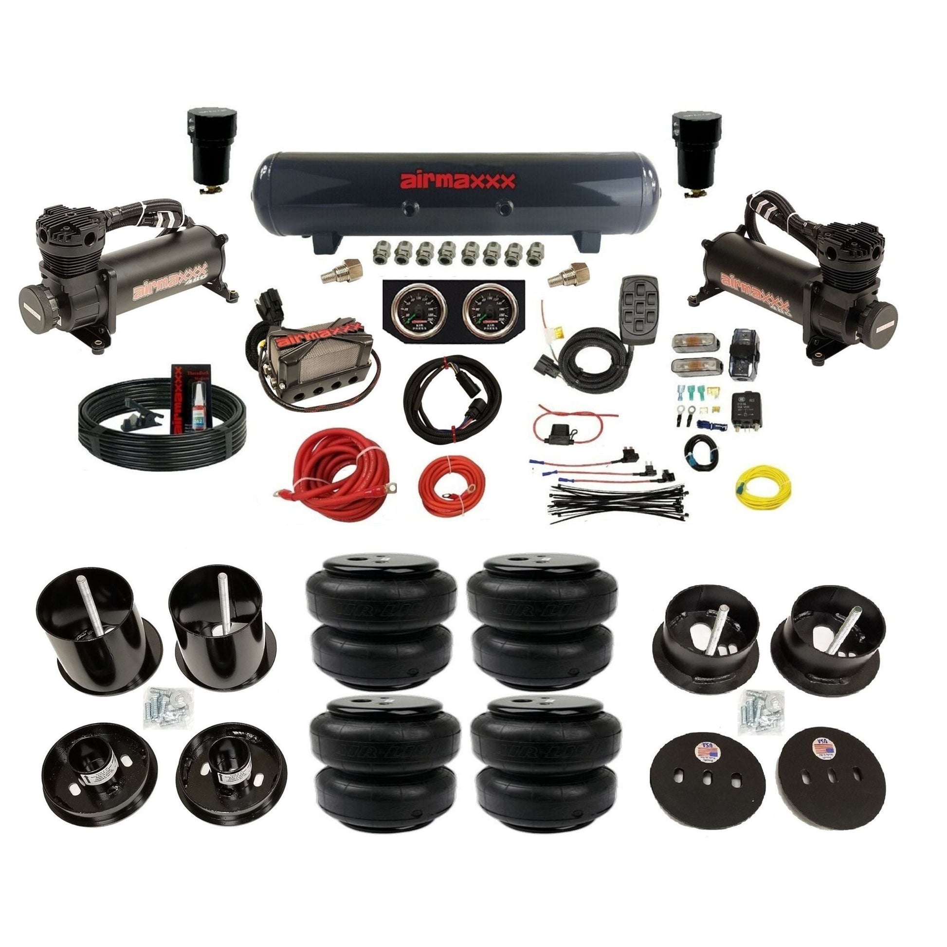 airmaxxx 480 black air compressors X4 manifold steel air tank Air Lift bags & brackets fits 1963 Cadillac KCAD63-480B2-57S-X4X7-WK-HFD25