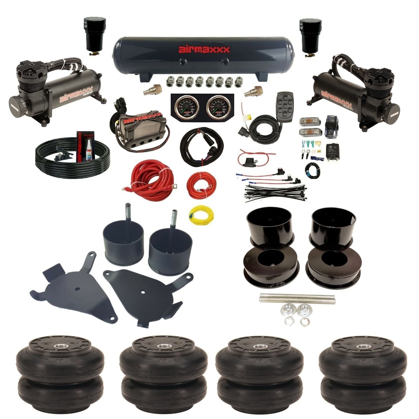 airmaxxx 480 black air compressors X4 manifold steel air tank Slam bags and brackets for 1978-88 GM G-Body KGBDY-480B2-57S-X4X7-WK-HFSS6