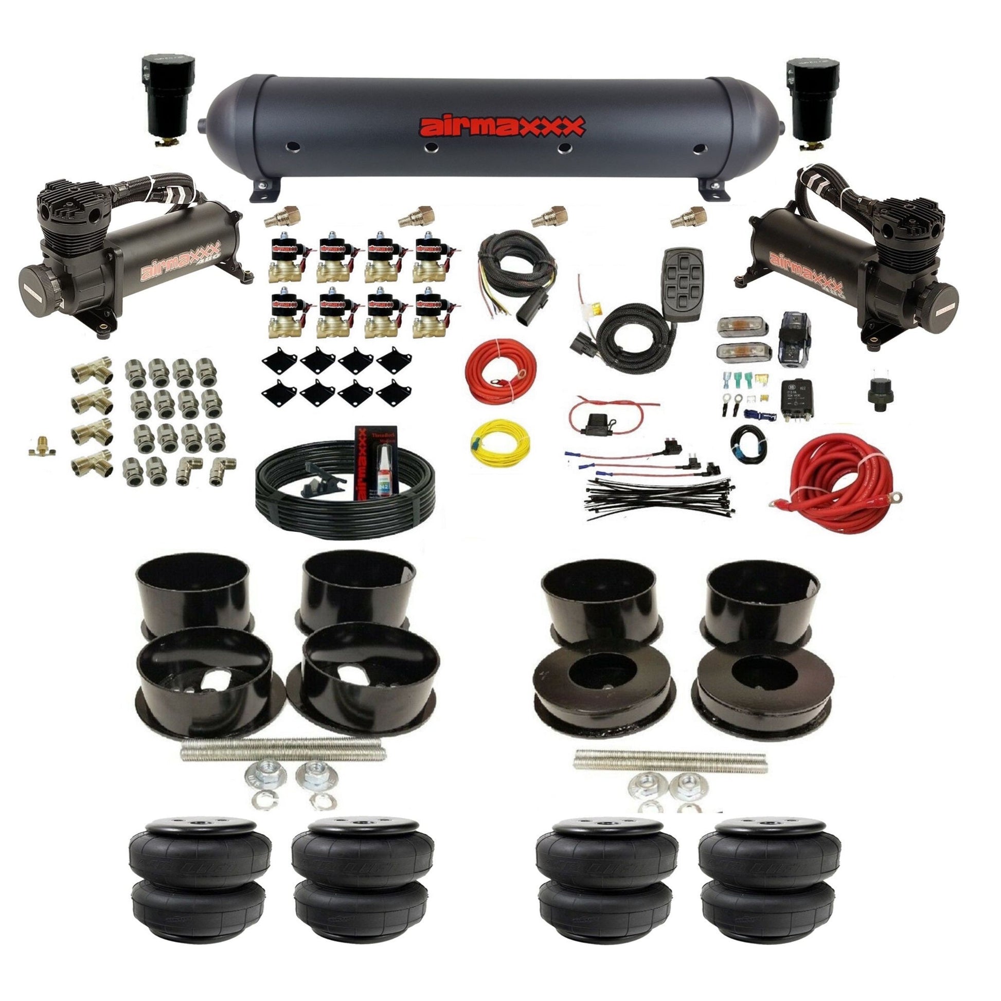 airmaxxx 480 black air compressors aluminum air tank Air Lift bags brackets installation kit KBBDY-480B2-838-59ABK-7BK-WK-HFD25