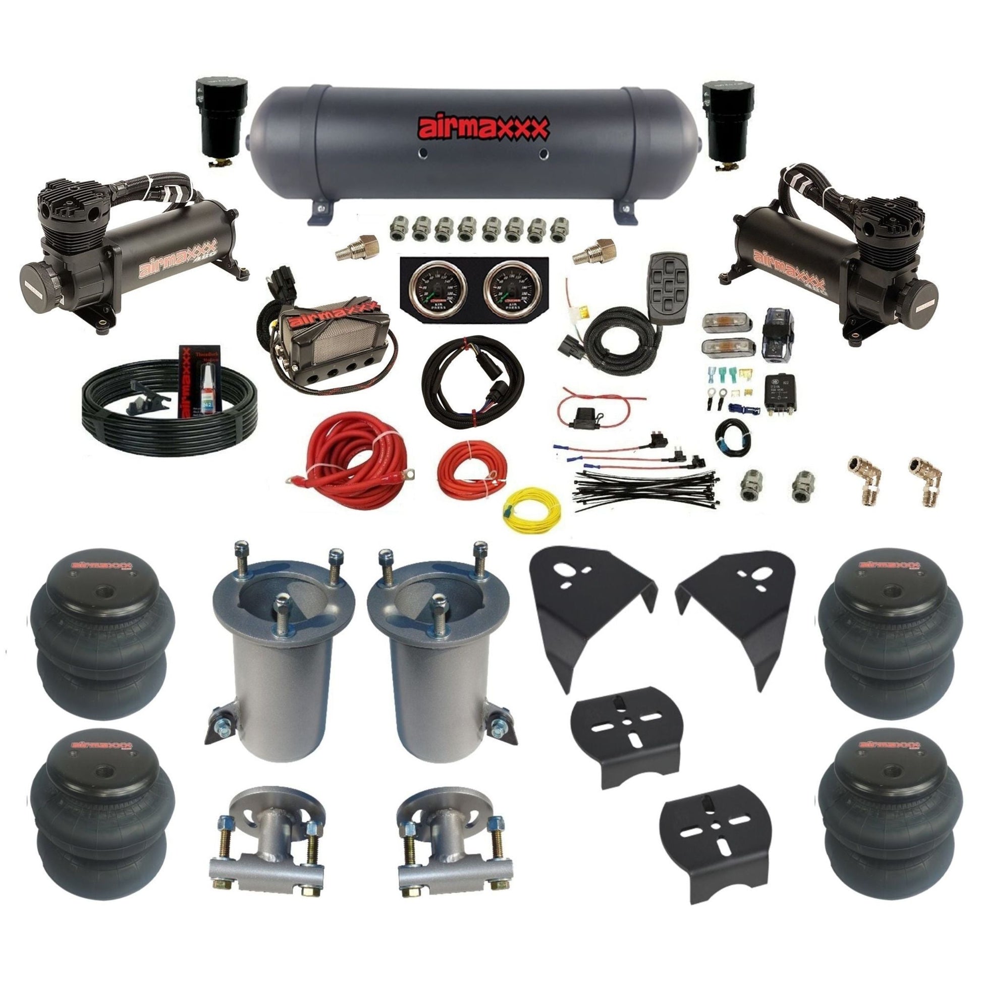 airmaxxx 480 black air compressors aluminum air tank X4 air manifold 2600 bags & brackets for 2007-13 Tahoe/Suburban KGM07-480B2-57ABK-X4X7-WK-HF