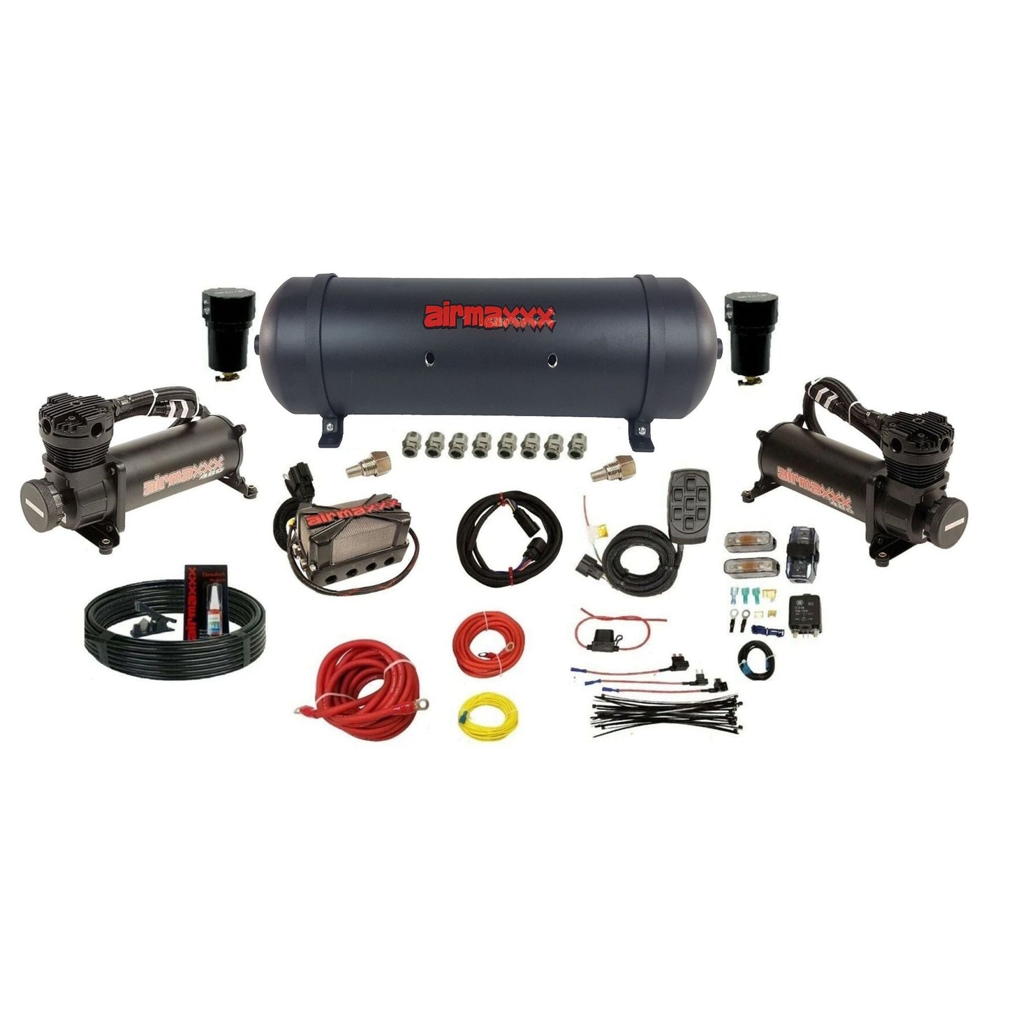 airmaxxx 3/8" Plug & Play Air Ride Kit w/Chrome 480 Compressors & Tank