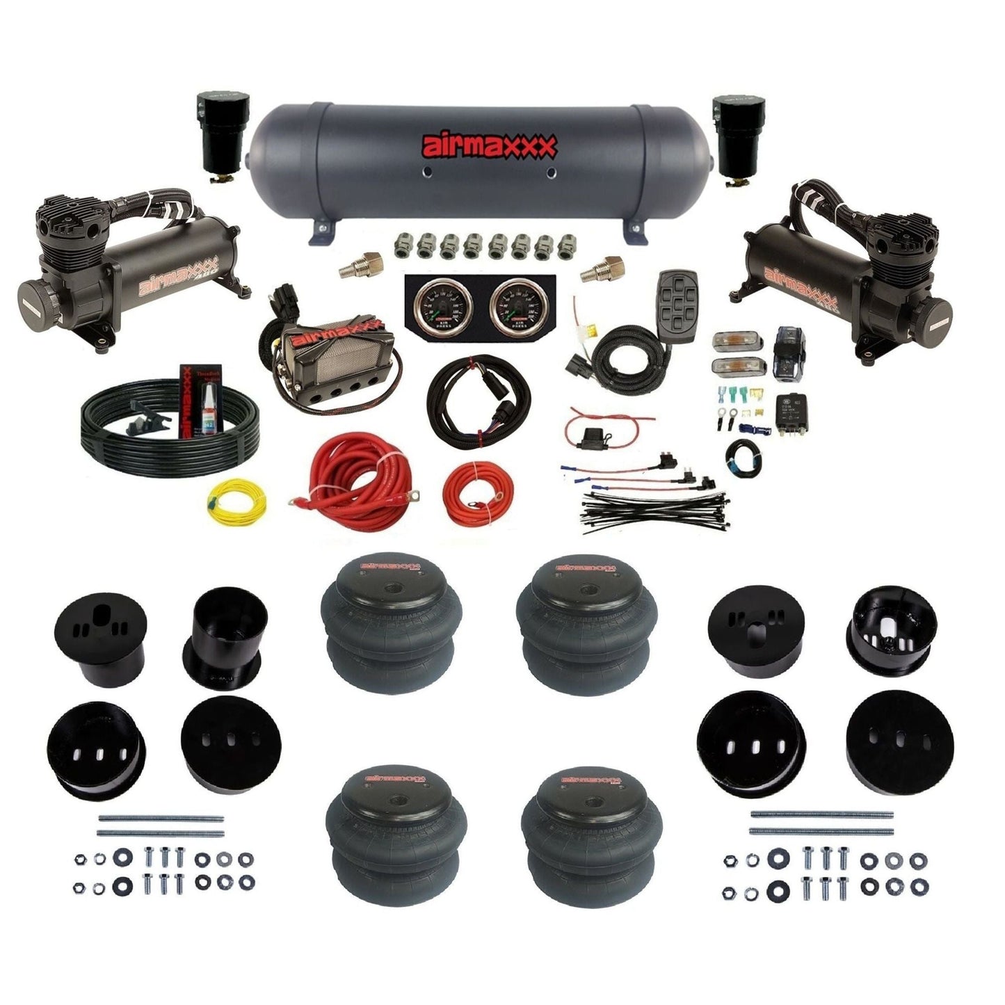 airmaxxx 480 black air compressors black aluminum air tank 2600 bags & brackets 3/8" manifold air suspension kit for 1973-1987 Chevy C10 KCAD58-480B2-57ABK-X4X7-WK-HF