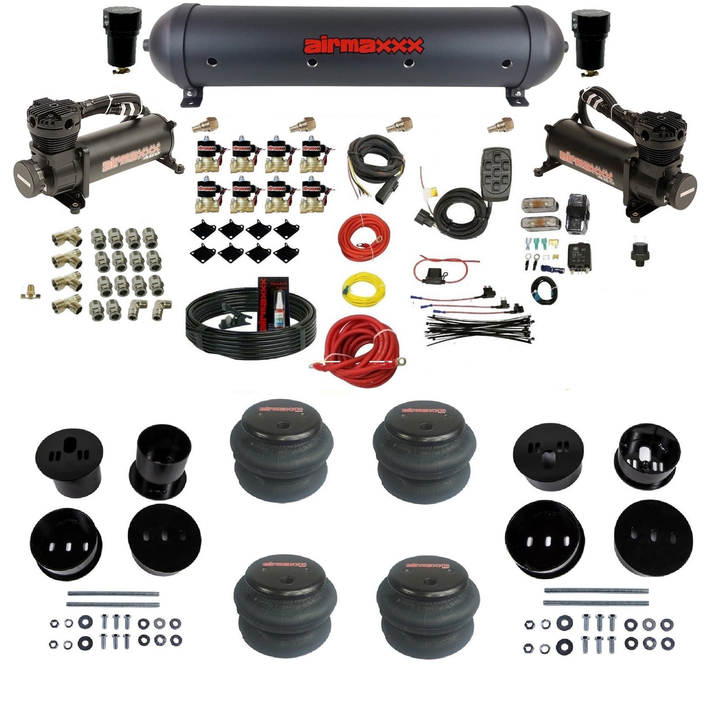 airmaxxx 480 black air compressors black aluminum air tank 2600 bags & brackets air ride suspension kit fits 1958-1960 Cadillac KCAD58-480B2-838-59ABK-7BK-WK-HF