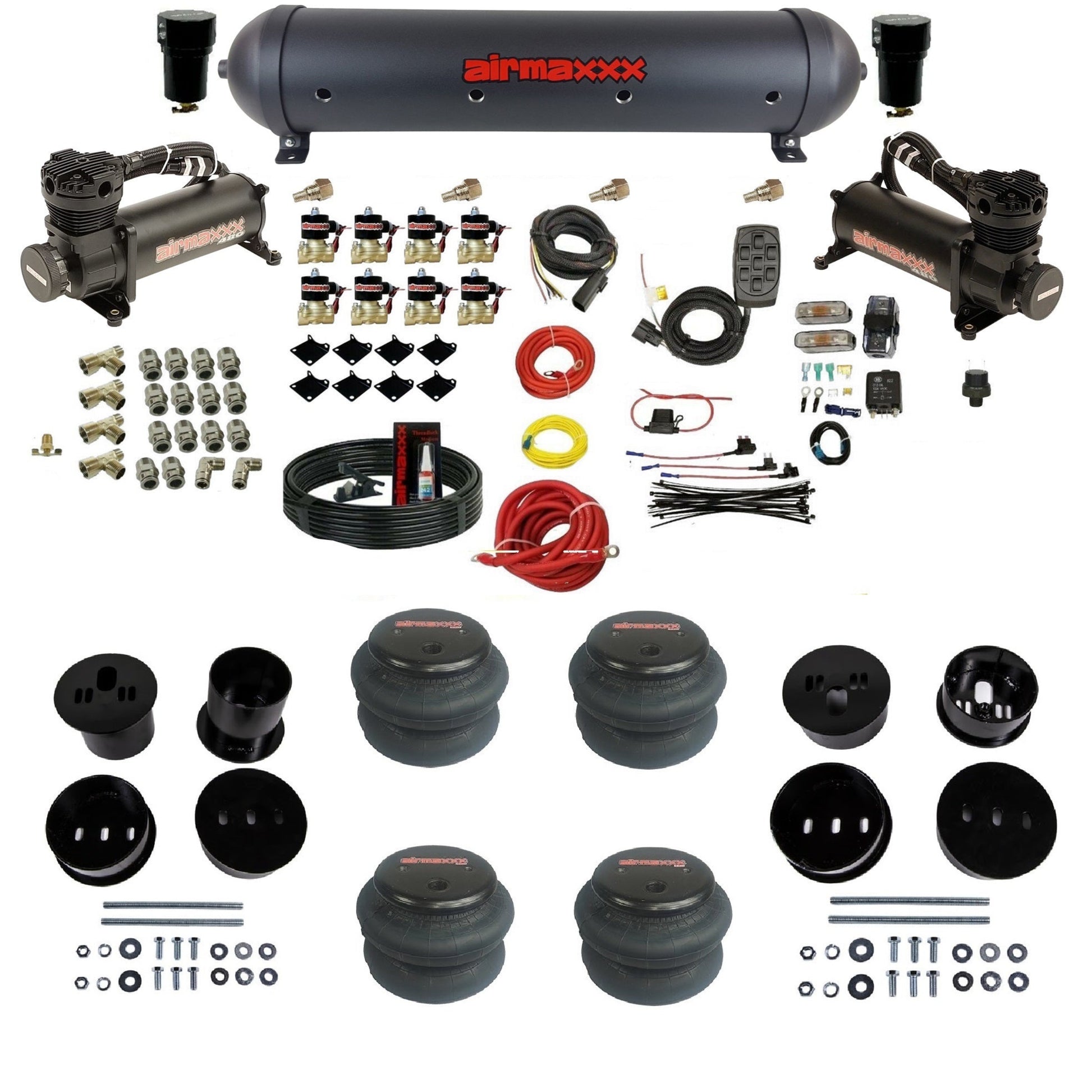 airmaxxx 480 black air compressors black aluminum air tank 2600 bags & brackets air ride suspension kit fits 1958-1960 Cadillac KCAD58-480B2-838-59ABK-7BK-WK-HF