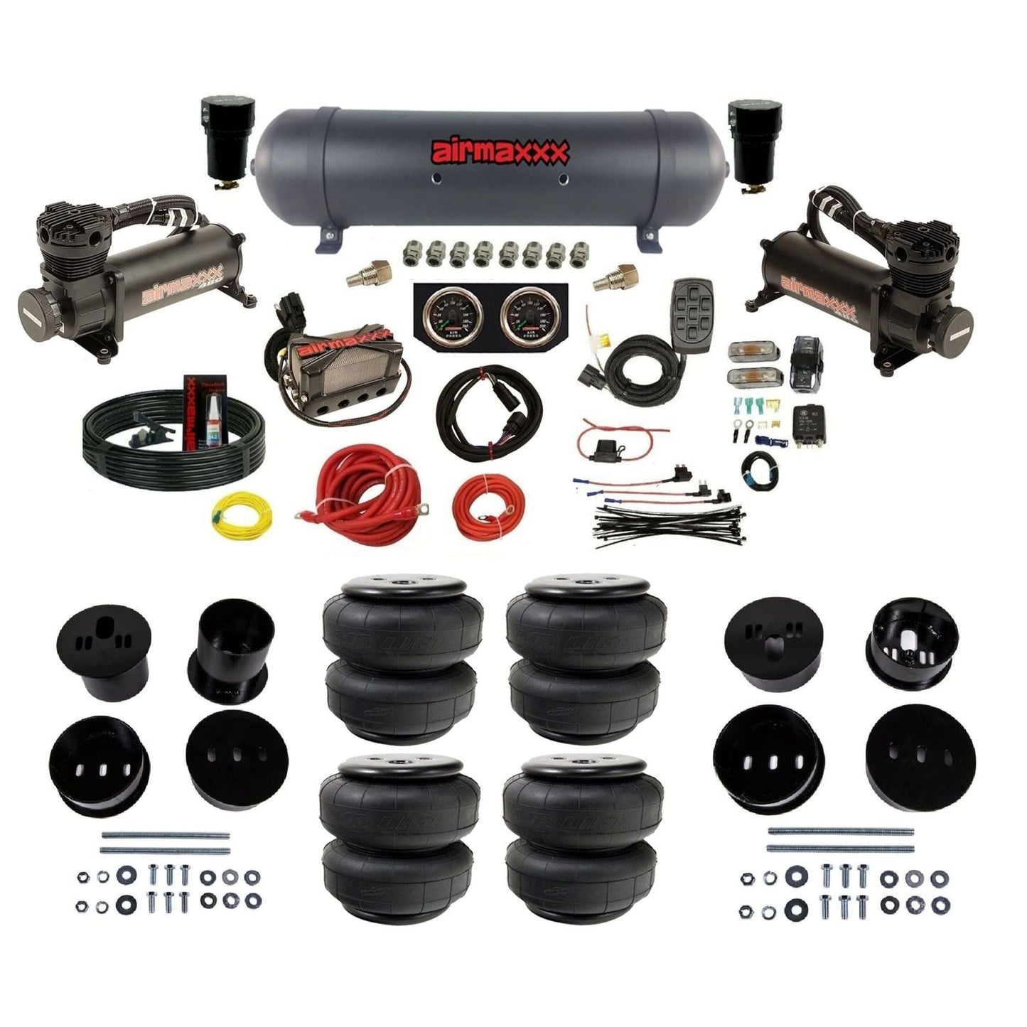 airmaxxx 480 black air compressors black aluminum air tank Air Lift bags & brackets 3/8" manifold air suspension kit for 1973-1987 Chevy C10 KCAD58-480B2-57ABK-X4X7-WK-HFD25