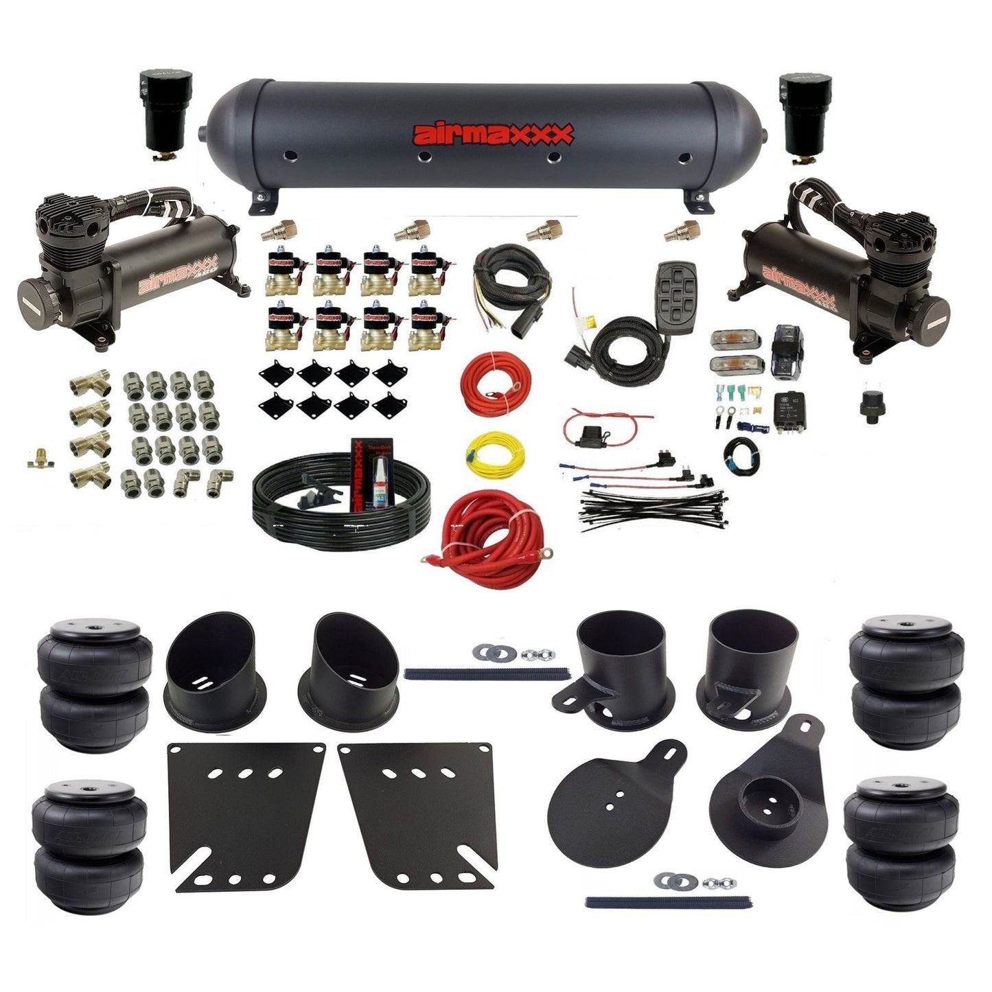 airmaxxx 480 black air compressors black aluminum air tank Air Lift bags & brackets Air Suspension Kit for 1958-1964 Chevy Impala KIMP58-480B2-838-59ABK-7BK-WK-HFD25