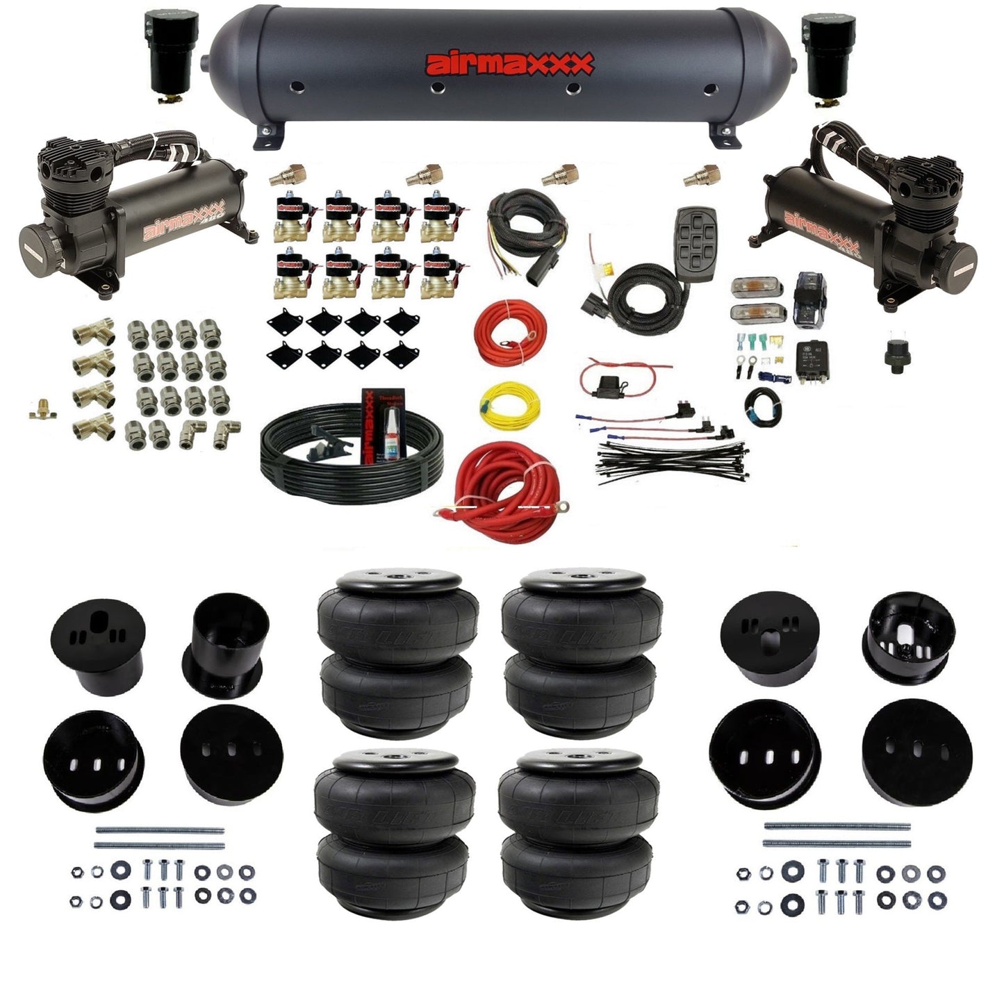 airmaxxx 480 black air compressors black aluminum air tank Air Lift bags & brackets air ride suspension kit fits 1958-1960 Cadillac KCAD58-480B2-838-59ABK-7BK-WK-HFD25