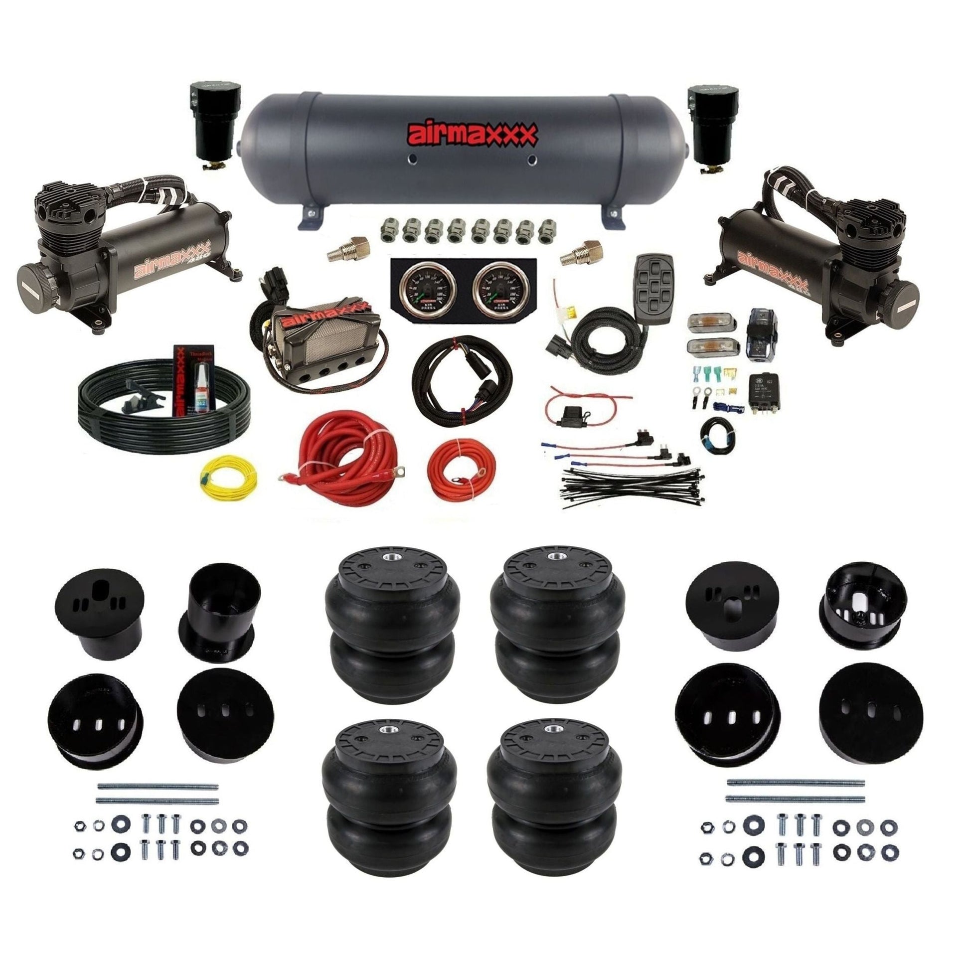 airmaxxx 480 black air compressors black aluminum air tank Slam bags & brackets 3/8" manifold air suspension kit for 1973-1987 Chevy C10 KCAD58-480B2-57ABK-X4X7-WK-HFSS7