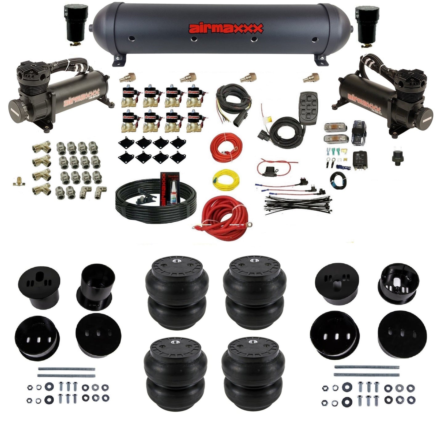 airmaxxx 480 black air compressors black aluminum air tank Slam bags & brackets air ride suspension kit fits 1958-1960 Cadillac KCAD58-480B2-838-59ABK-7BK-WK-HFSS7