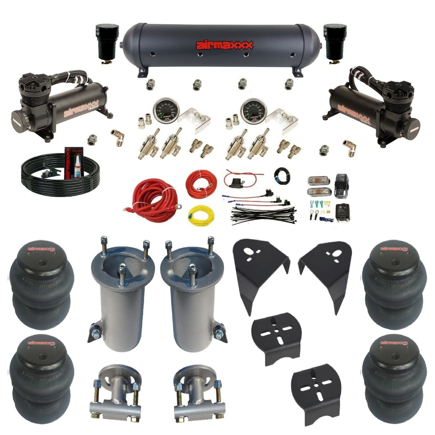 airmaxxx 480 black air compressors black aluminum air tank w/2600 bags & brackets air suspension kit fits 2007-18 Silverado/Sierra 1500 KGM07-480B2-59ABK-4TOG2GA2B-WK-HF