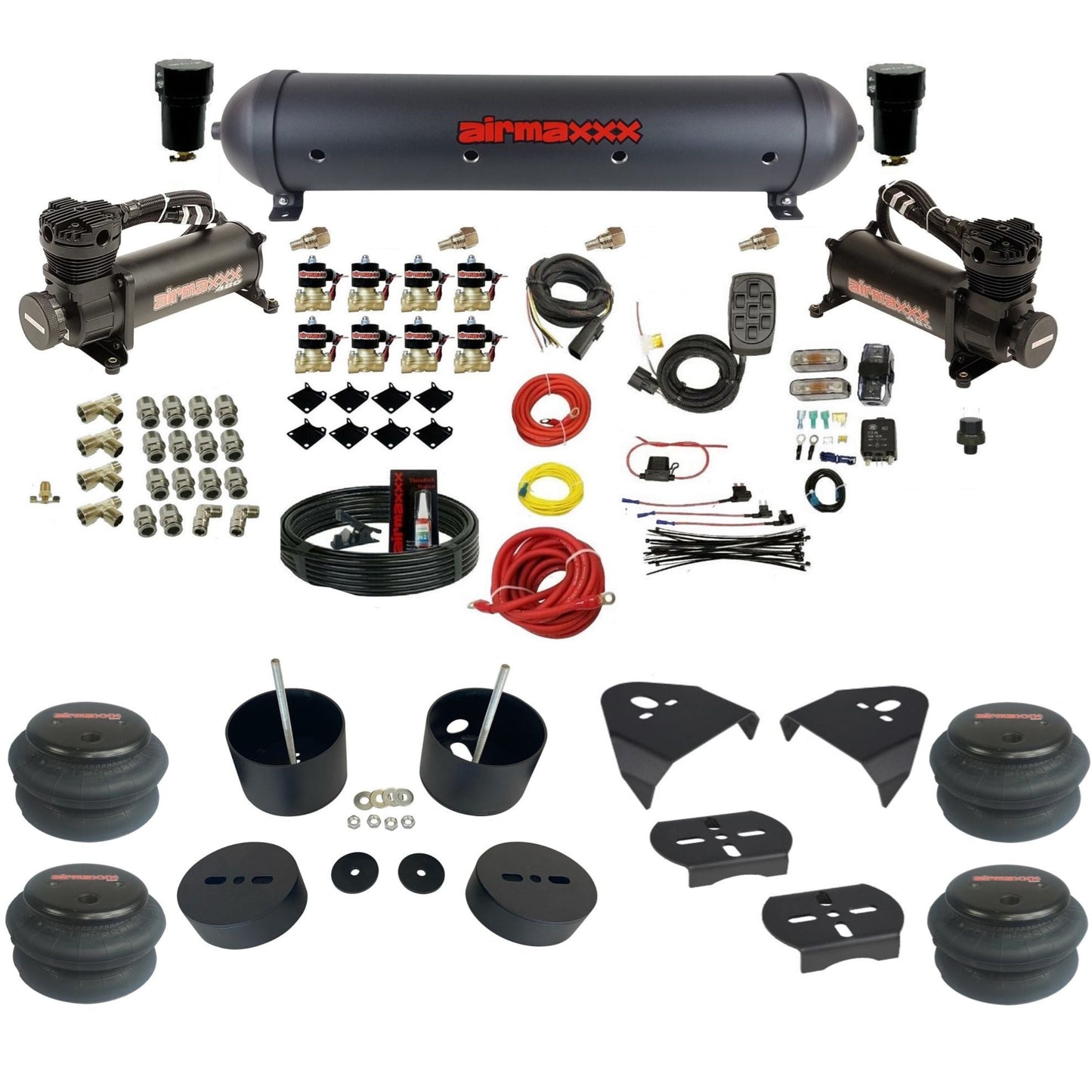 airmaxxx 480 black air compressors black aluminum tank 2600 bags & brackets 3/8" fast air suspension kit fits 1999-2006 Silverado/Sierra 1500 KGM99-480B2-838-59ABK-7BK-WK-HF