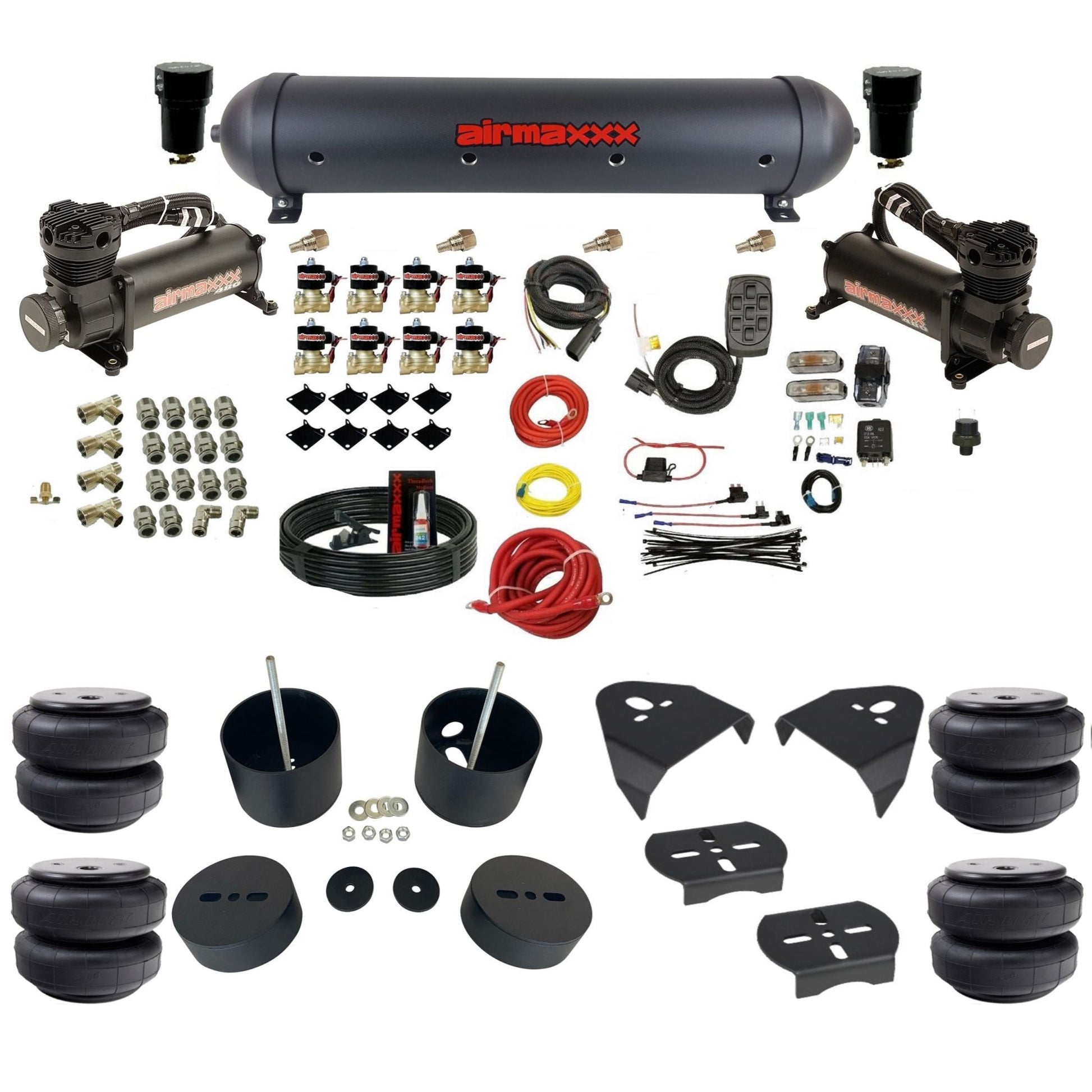 airmaxxx 480 black air compressors black aluminum tank Air Lift bags & brackets 3/8" fast air suspension kit fits 1999-2006 Silverado/Sierra 1500 KGM99-480B2-838-59ABK-7BK-WK-HFD26