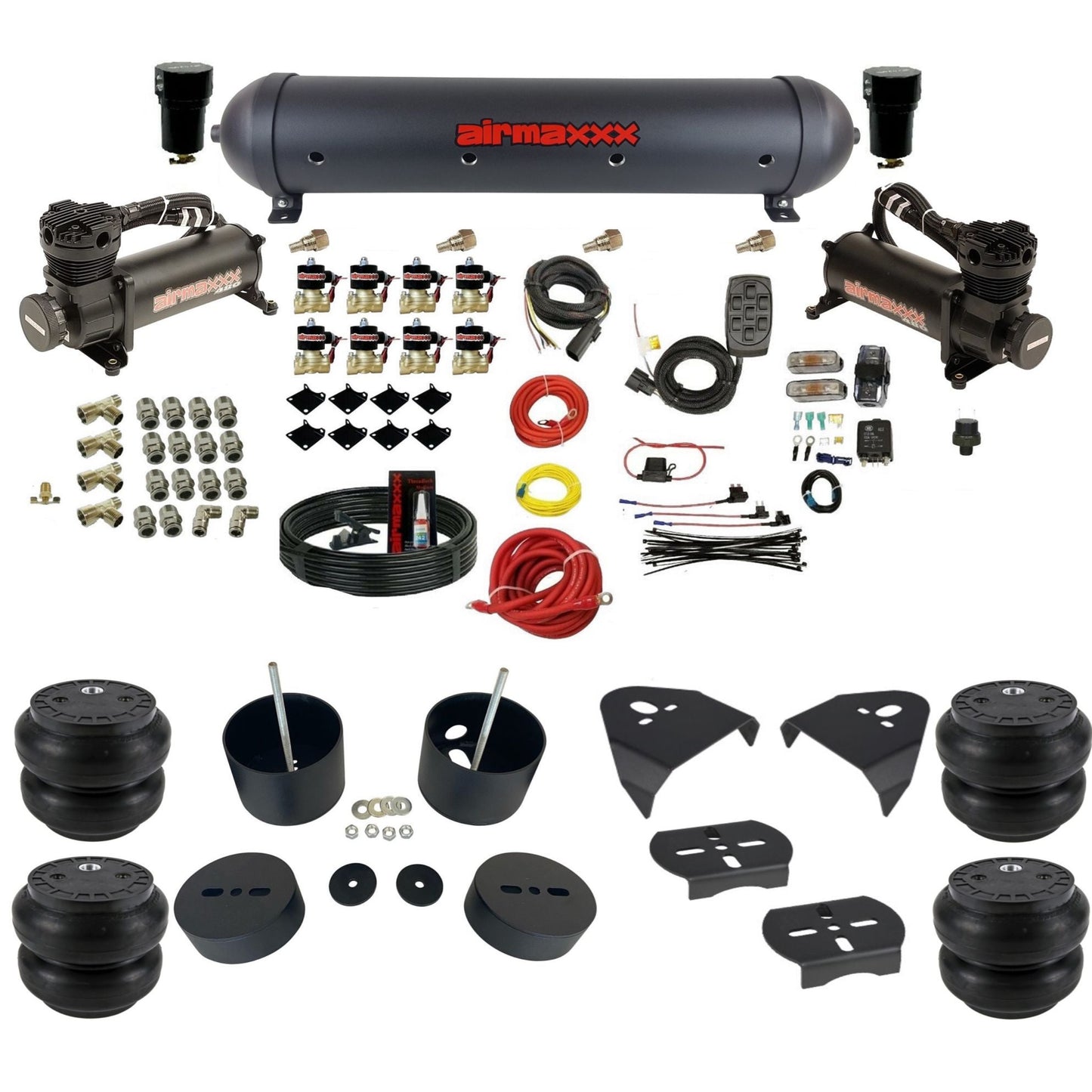 airmaxxx 480 black air compressors black aluminum tank Slam bags & brackets 3/8" fast air suspension kit fits 1999-2006 Silverado/Sierra 1500 KGM99-480B2-838-59ABK-7BK-WK-HFSS7