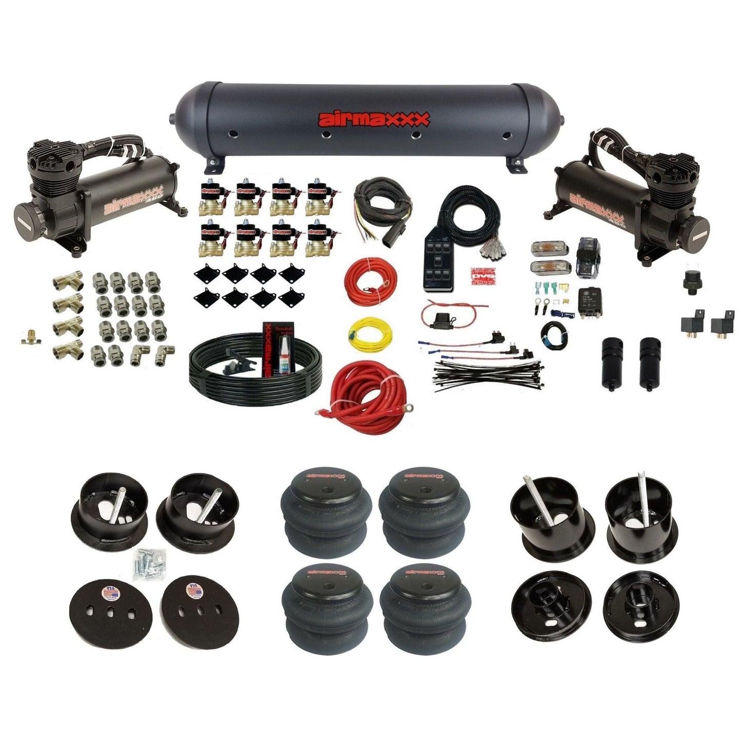 airmaxxx 480 black air compressors blk aluminum air tank 2600 bags & brackets fits 1961-62 Cadillac K-CAD6162-480B2-838-59ABK-7BK-WK-HF