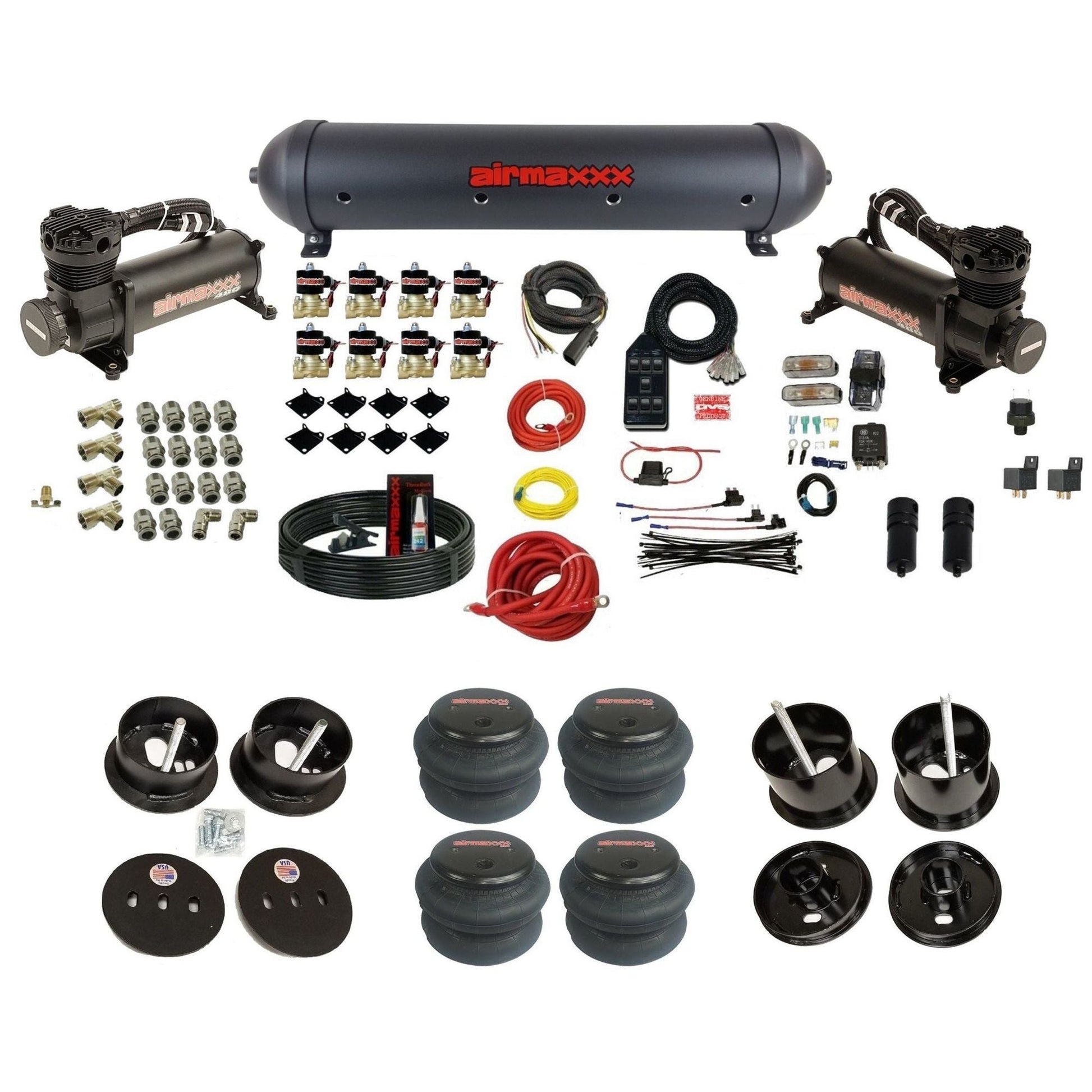 airmaxxx 480 black air compressors blk aluminum air tank 2600 bags & brackets fits 1961-62 Cadillac K-CAD6162-480B2-838-59ABK-7BK-WK-HF