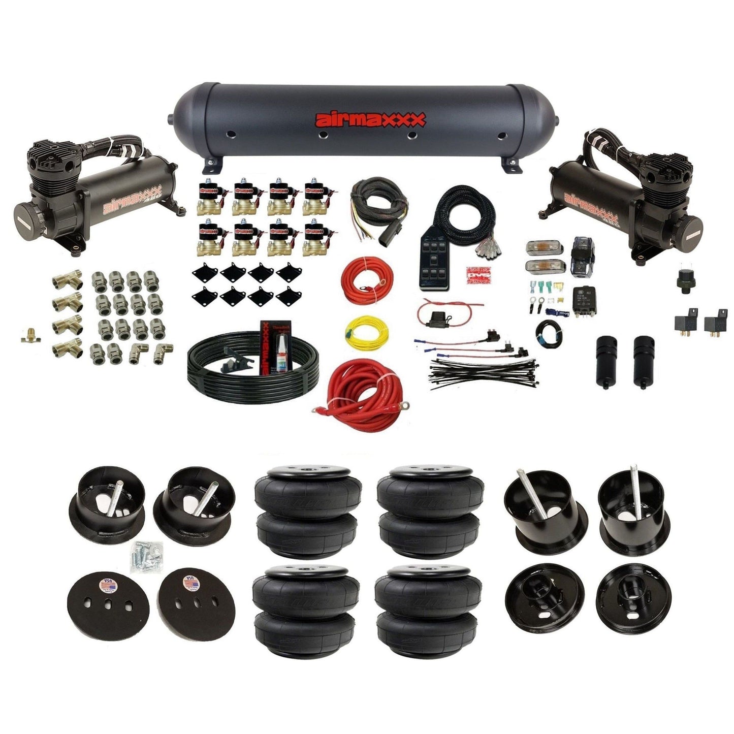 airmaxxx 480 black air compressors blk aluminum air tank Air Lift bags & brackets fits 1961-62 Cadillac K-CAD6162-480B2-838-59ABK-7BK-WK-HFD25