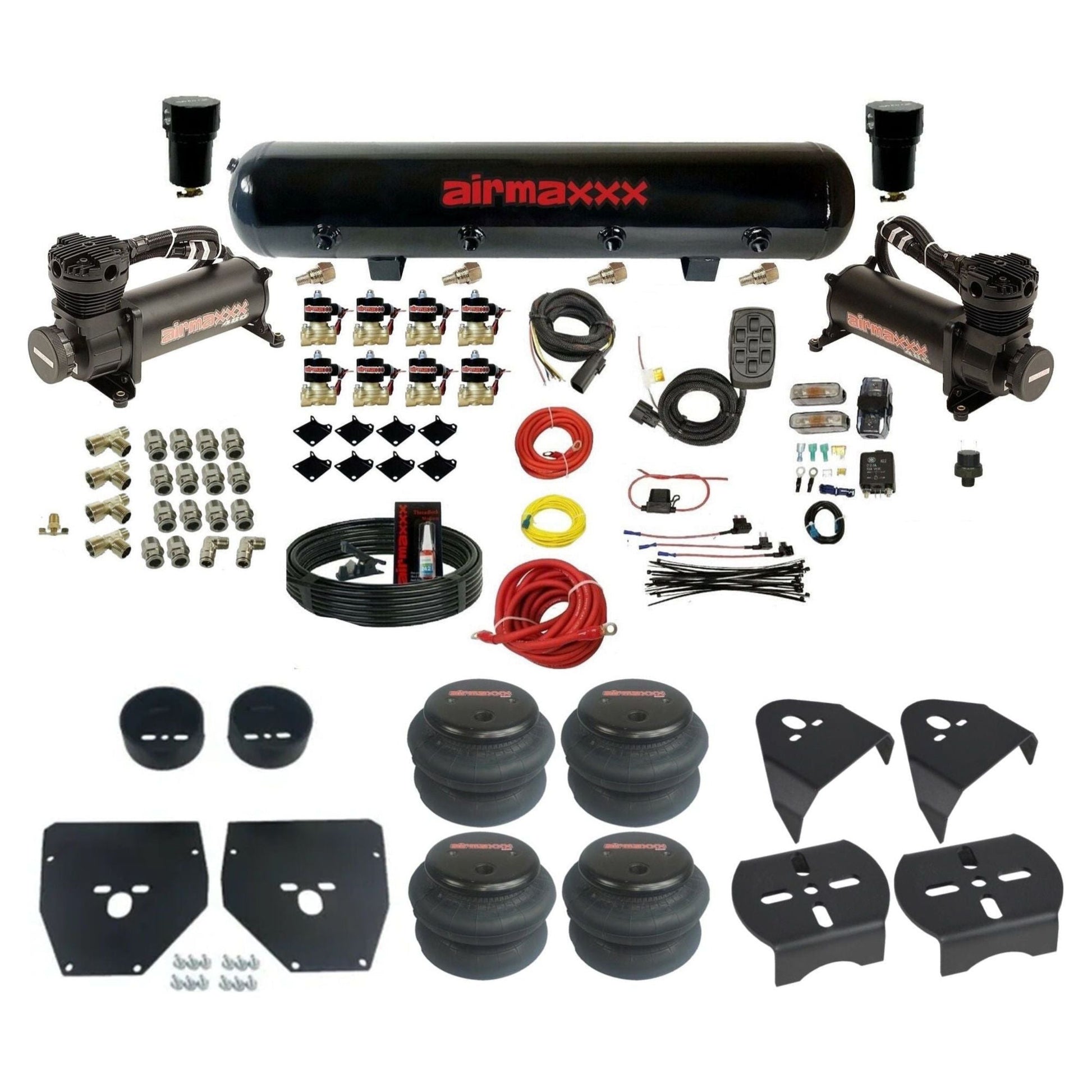 airmaxxx 480 black air compressors steel air tank 2600 bags & brackets 3/8" air suspension kit for 1973-1987 Chevy/GMC C10 KC1073-480B2-838-59-7BK-WK-HF
