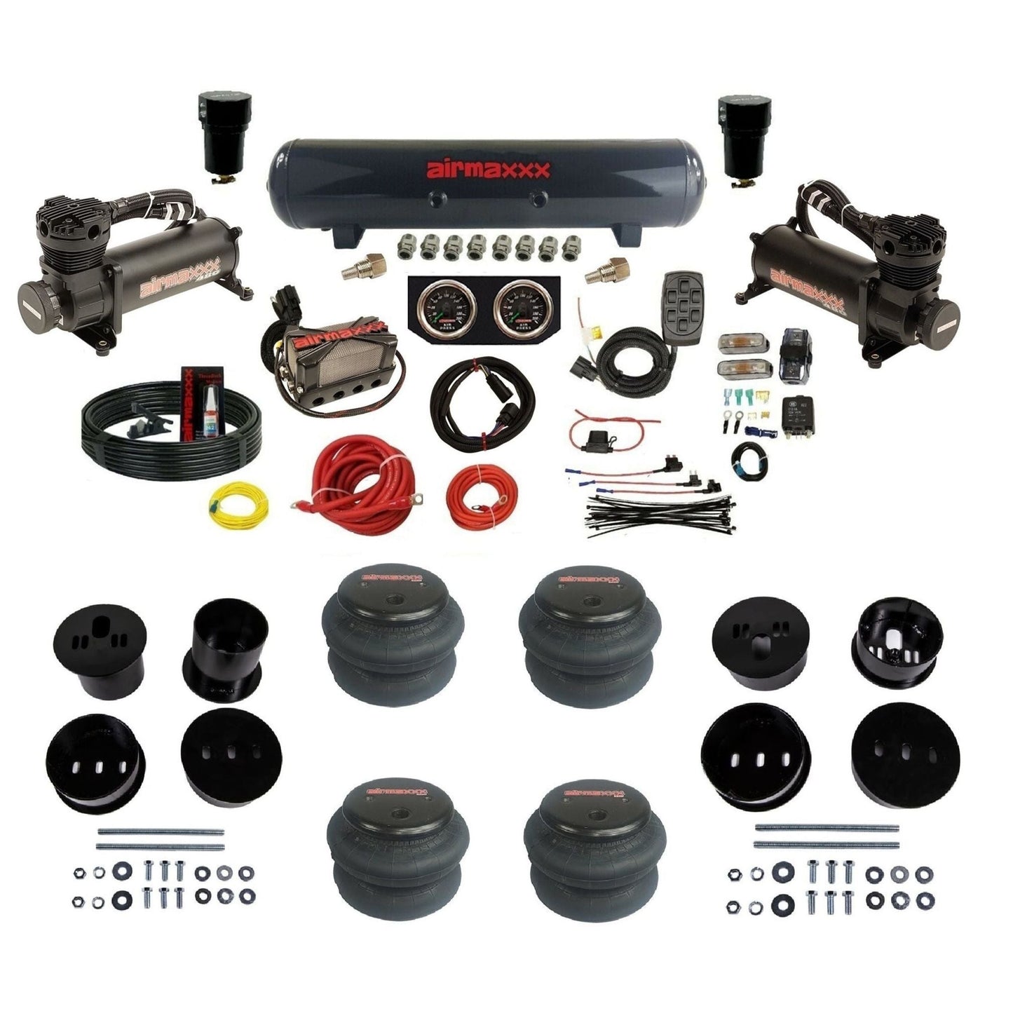 airmaxxx 480 black air compressors steel air tank 2600 bags & brackets 3/8" manifold air suspension kit for 1973-1987 Chevy C10 KCAD58-480B2-57S-X4X7-WK-HF