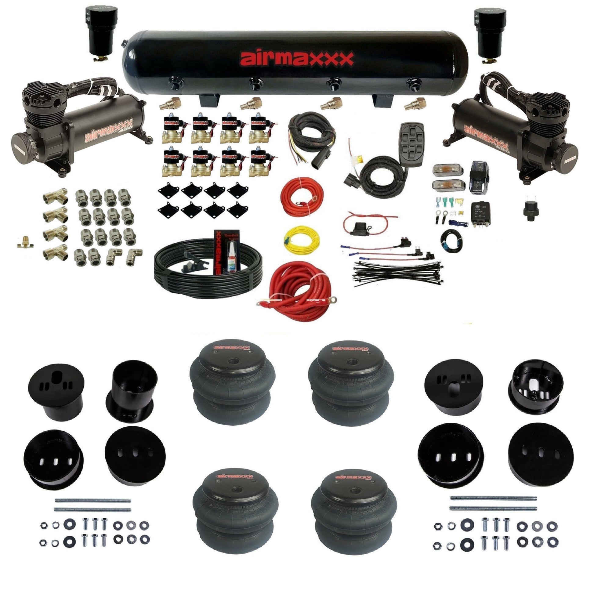 airmaxxx 480 black air compressors steel air tank 2600 bags & brackets air ride suspension kit fits 1958-1960 Cadillac KCAD58-480B2-838-59-7BK-WK-HF