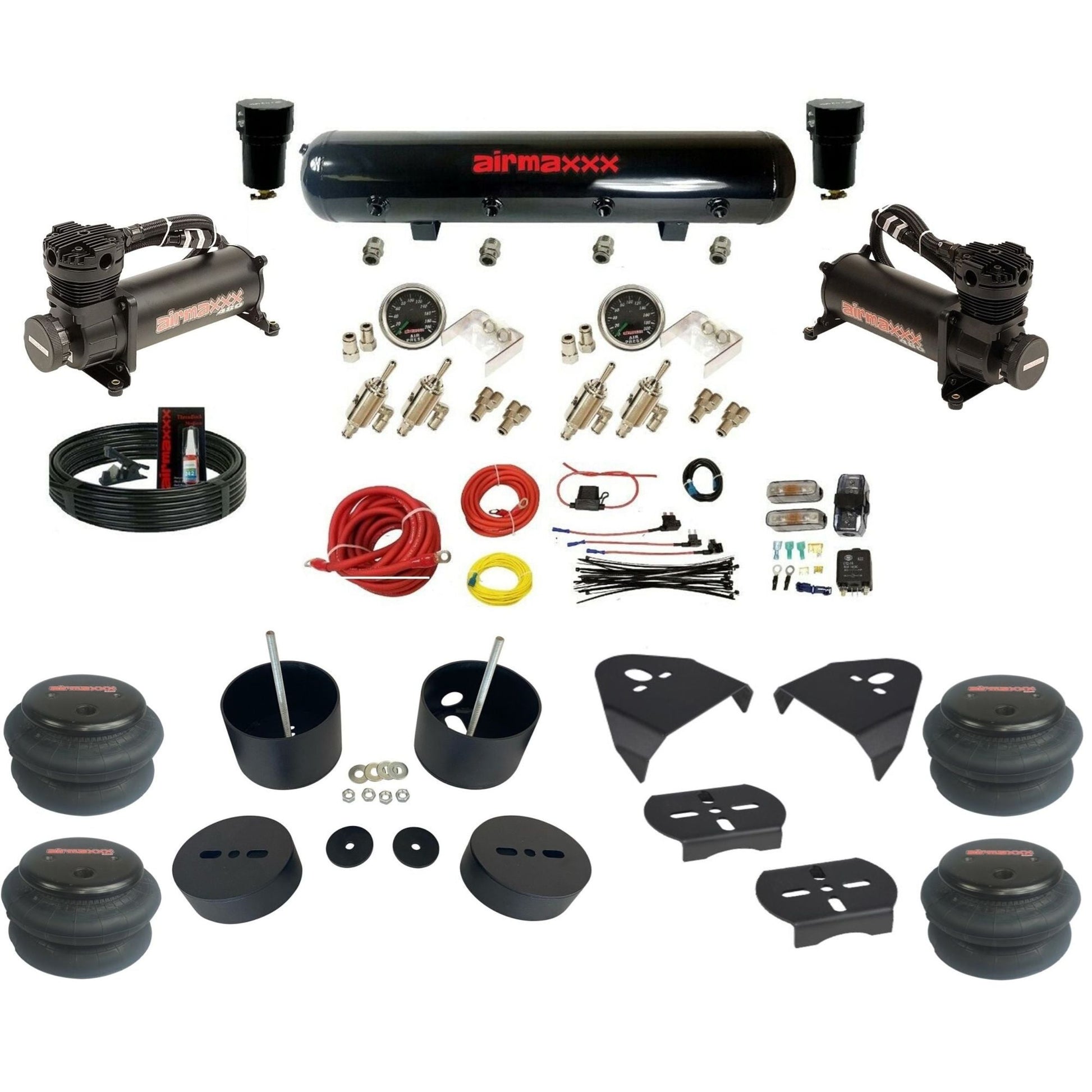 airmaxxx 480 black air compressors steel air tank 2600 bags & brackets air suspension kit fits 1988-98 Chevy C15 KGM88-480B2-59S-4TOG2GA2B-WK-HF