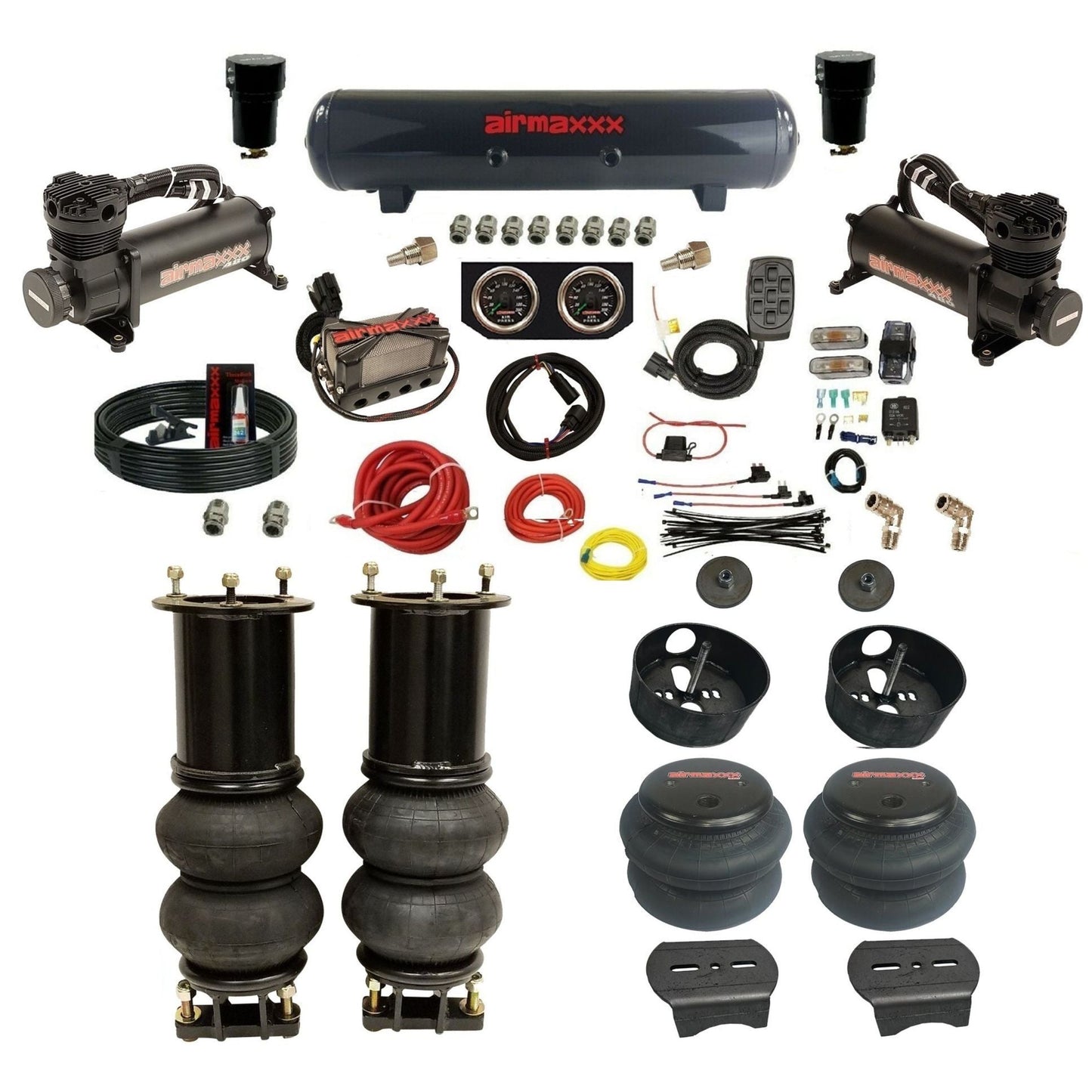 airmaxxx 480 black air compressors steel air tank 2600 bags & brackets w/X4 kit KSUV07-480B2-57s-X4X7-WK-HF