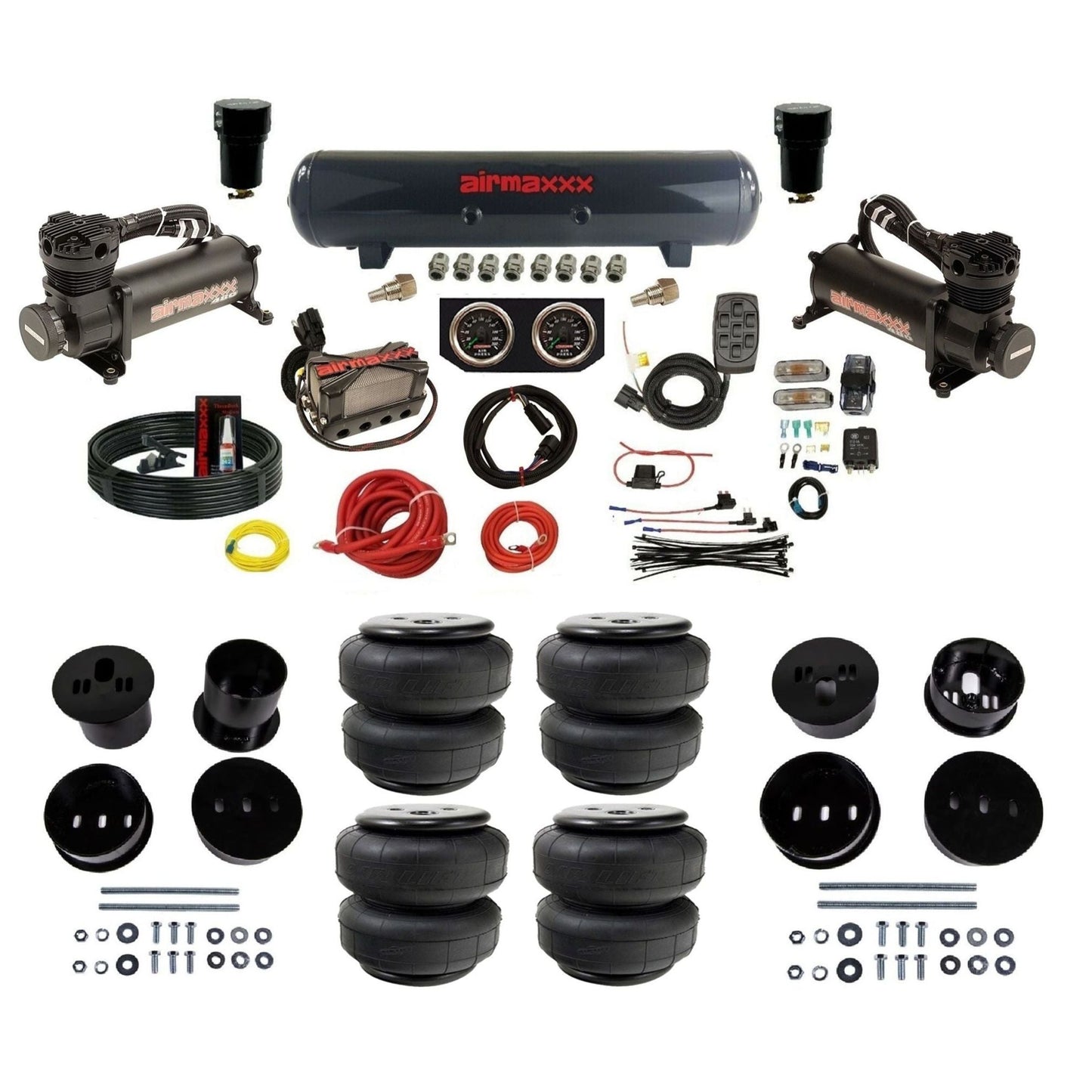 airmaxxx 480 black air compressors steel air tank Air Lift bags & brackets 3/8" manifold air suspension kit for 1973-1987 Chevy C10 KCAD58-480B2-57S-X4X7-WK-HFD25