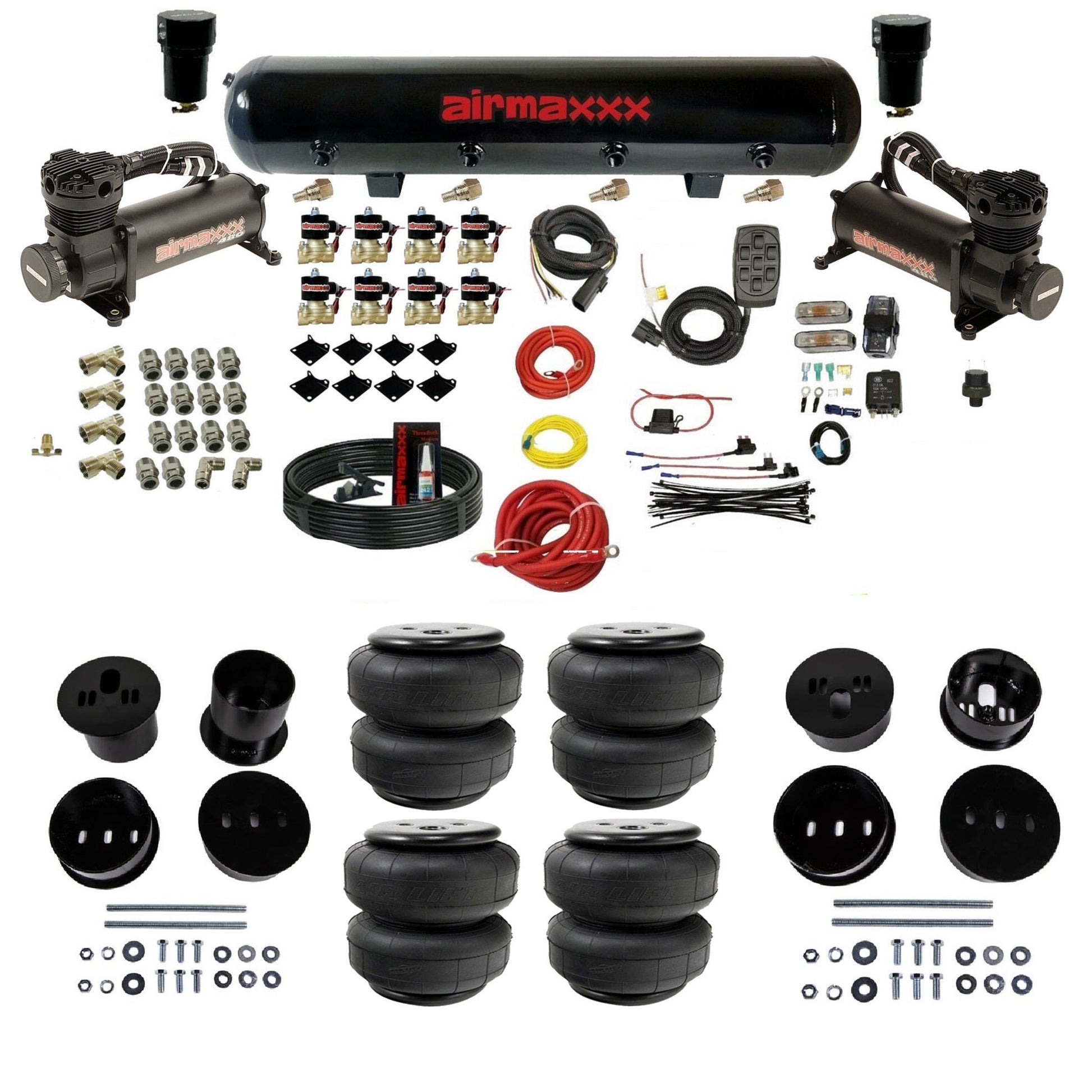 airmaxxx 480 black air compressors steel air tank Air Lift bags & brackets air ride suspension kit fits 1958-1960 Cadillac KCAD58-480B2-838-59-7BK-WK-HFD25