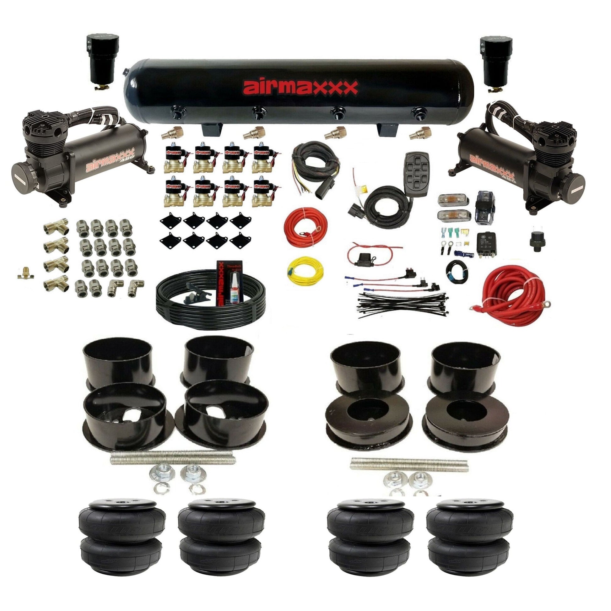 airmaxxx 480 black air compressors steel air tank Air Lift bags brackets installation kit KBBDY-480B2-838-59S-7BK-WK-HFD25