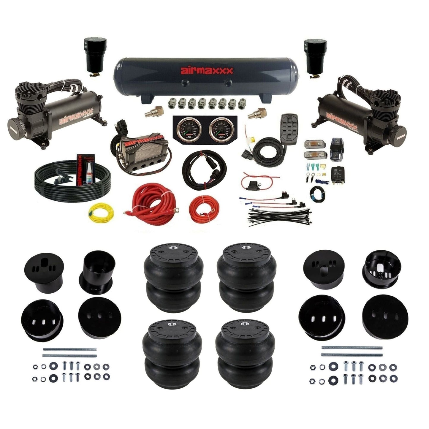 airmaxxx 480 black air compressors steel air tank Slam bags & brackets 3/8" manifold air suspension kit for 1973-1987 Chevy C10 KCAD58-480B2-57S-X4X7-WK-HFSS7
