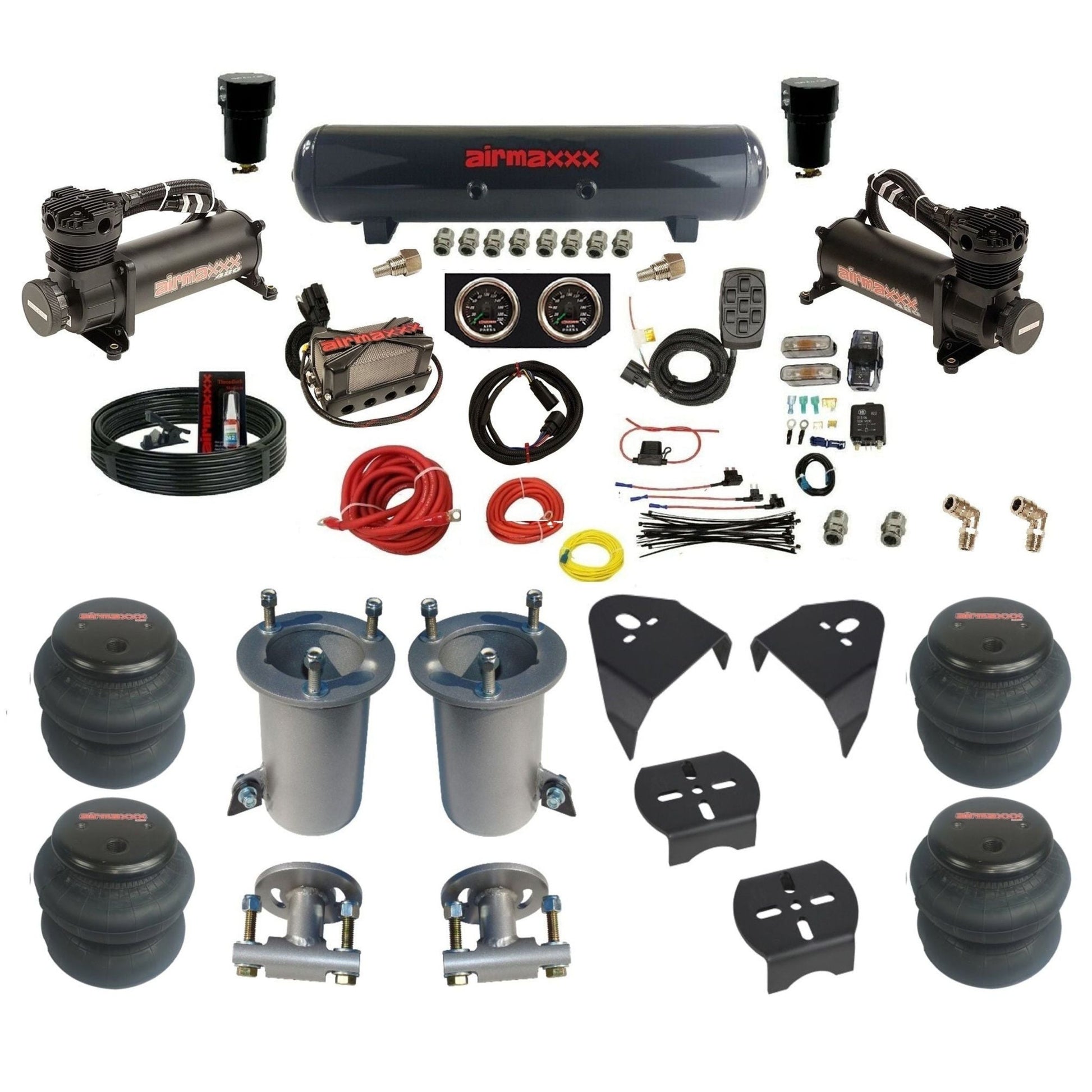 airmaxxx 480 black air compressors steel air tank X4 air manifold 2600 bags & brackets for 2007-13 Tahoe/Suburban KGM07-480B2-57S-X4X7-WK-HF