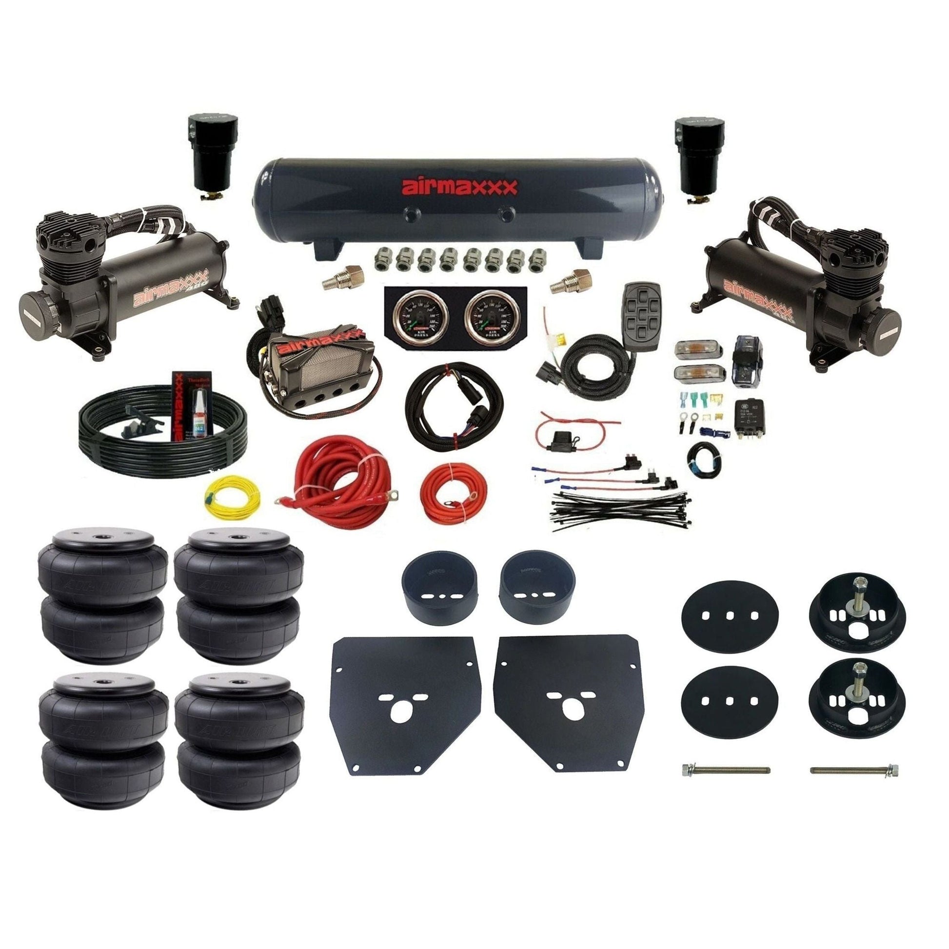 airmaxxx 480 black air compressors steel air tank w/Air Lift bags & brackets for air suspension kit Fits 1963-72 Chevy C10 2wd KC1063-480B2-57S-X4X7-WK-HFD26