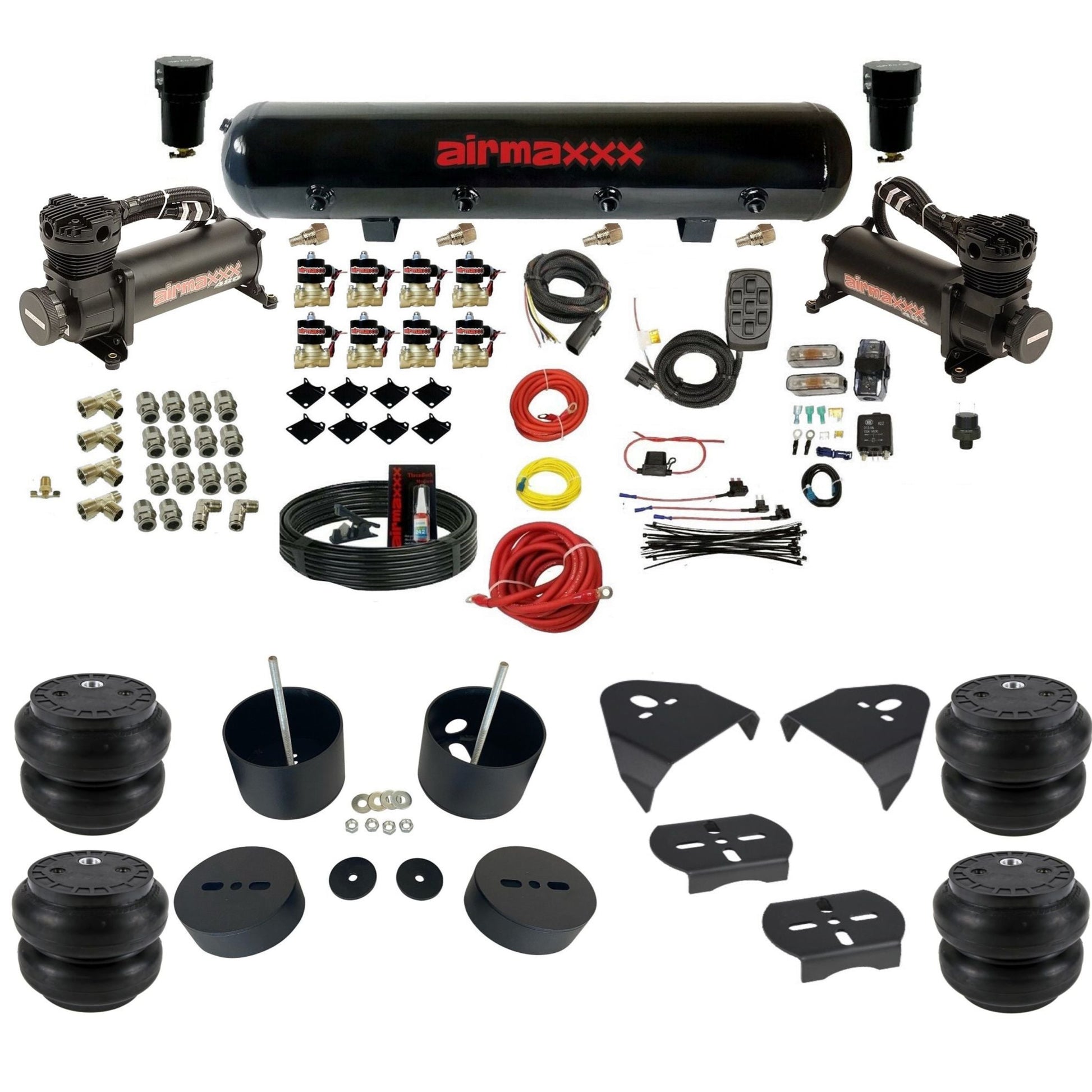 airmaxxx 480 black air compressors steel tank Slam bags & brackets 3/8" fast air suspension kit fits 1999-2006 Silverado/Sierra 1500 KGM99-480B2-838-59-7BK-WK-HFSS7