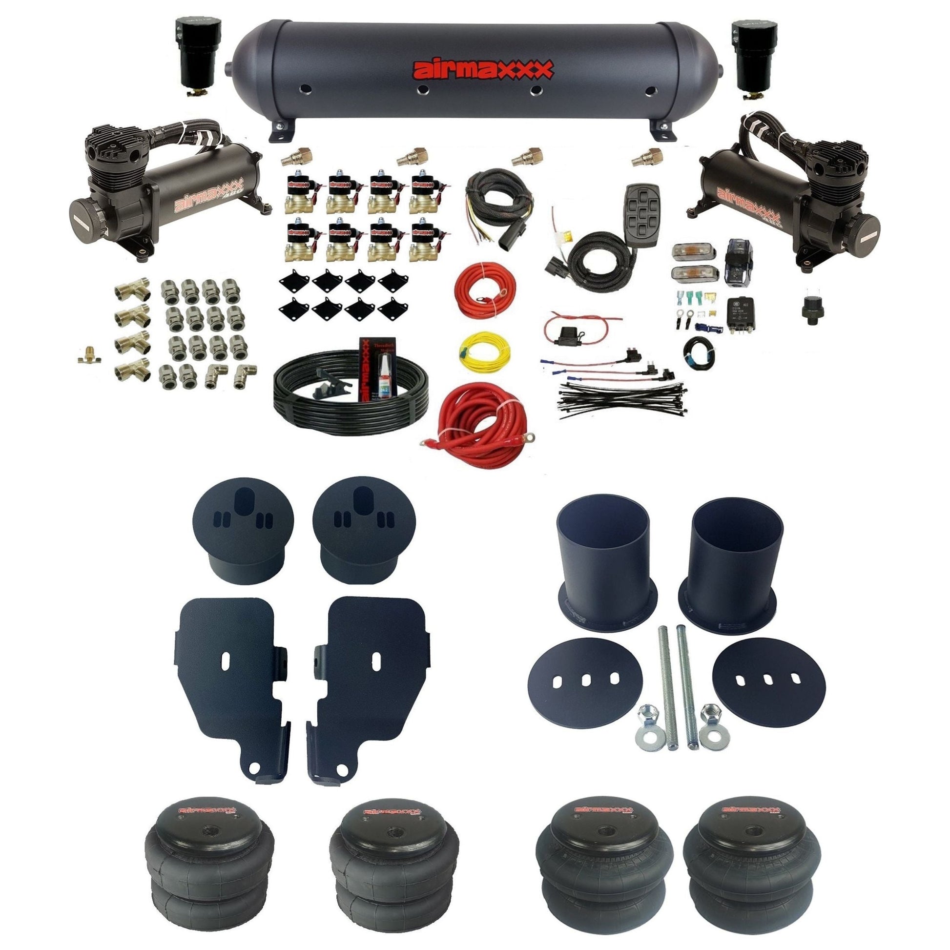 airmaxxx 480 black compressors 2600 Fast Bags & black aluminum tank 3/8" air suspension kit Fits 1965-1970 Chevy Impala KIMP65-480B2-838-59ABK-7BK-WK-HF