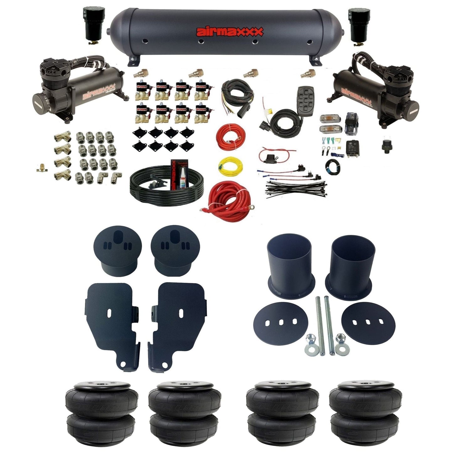 airmaxxx 480 black compressors Air Lift Fast Bags & black aluminum tank 3/8" air suspension kit Fits 1965-1970 Chevy Impala KIMP65-480B2-838-59ABK-7BK-WK-HFD25