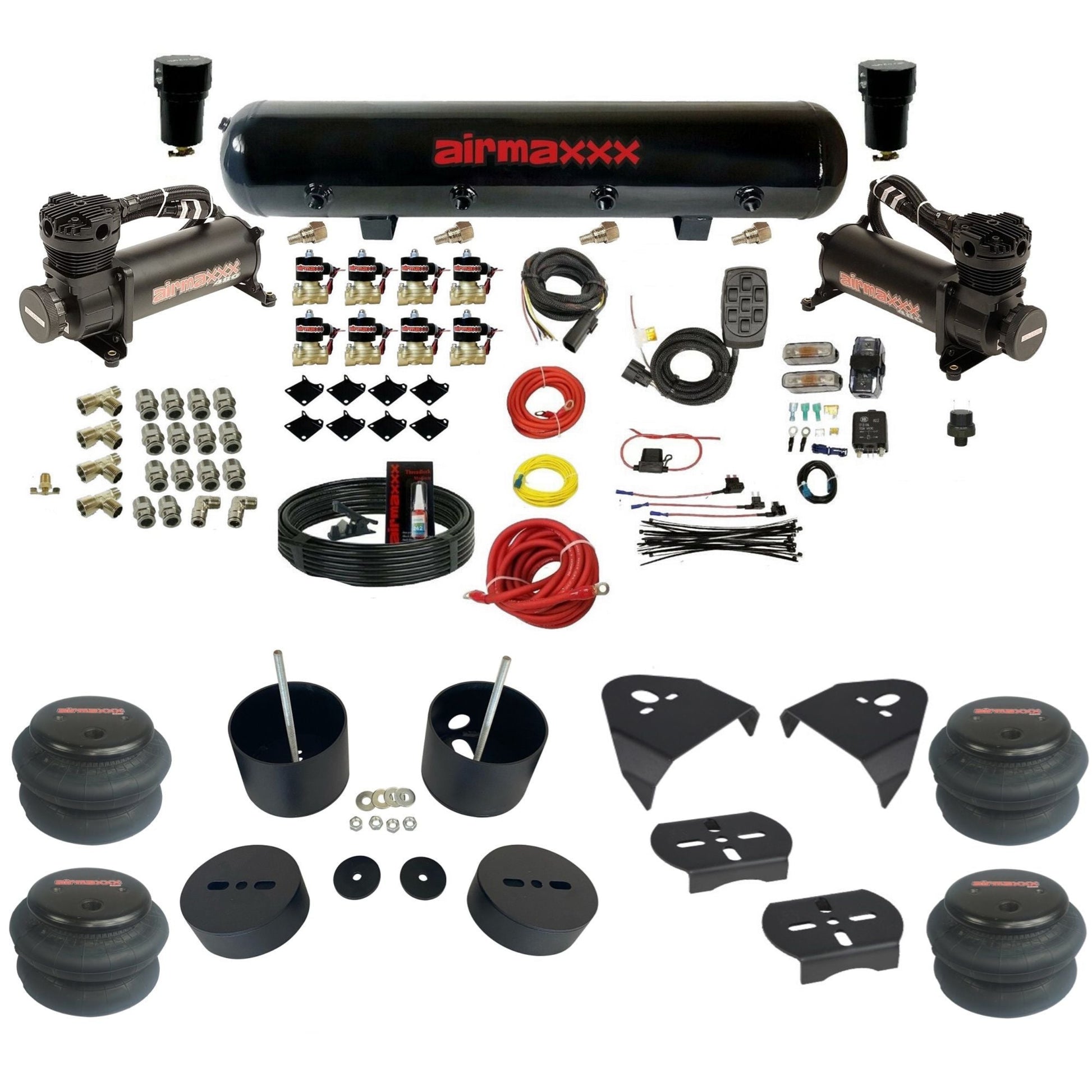 airmaxxx 480 black dual air compressors steel tank 2600 bags & brackets for 1988 1998 c15 chevy air suspension kit KGM88-480B2-838-59-7BK-WK-HF