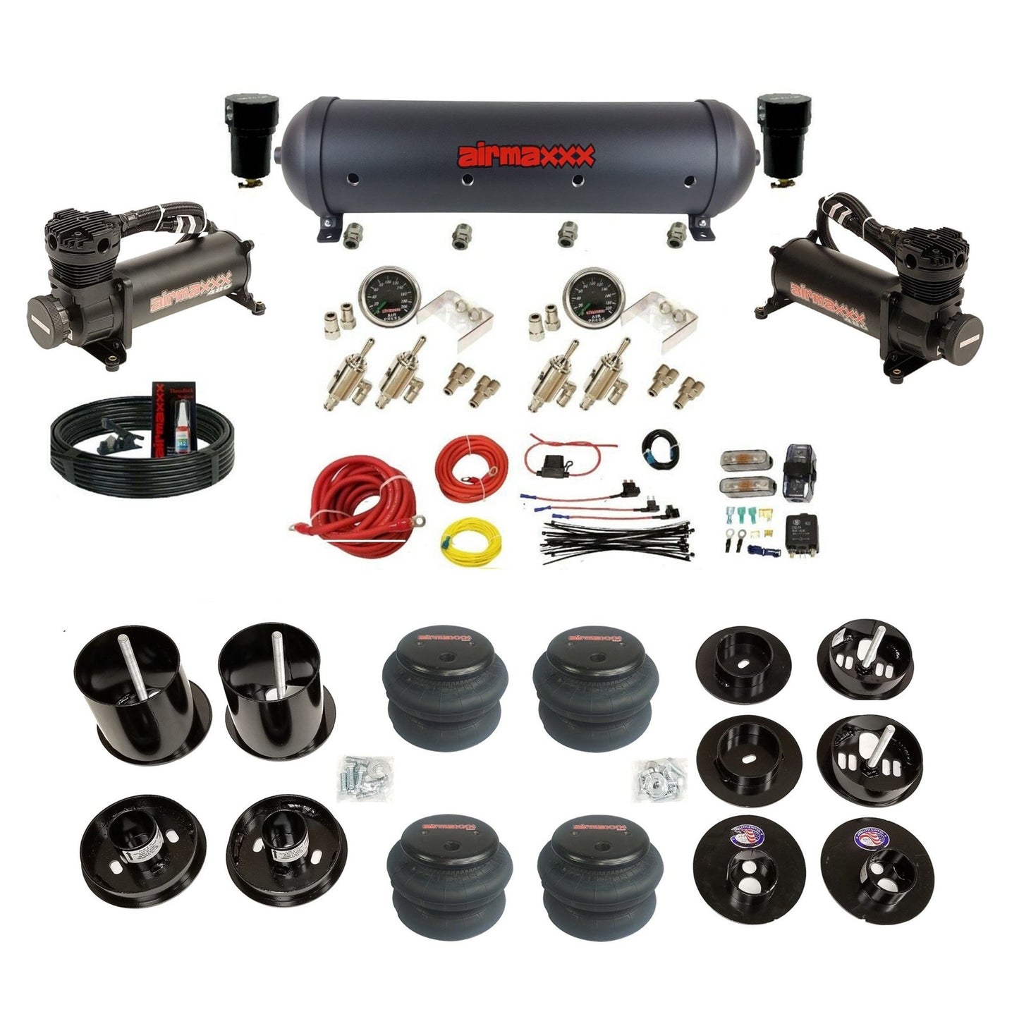 airmaxxx 480 blk air compressors black aluminum air tank & 2600 bags and brackets with install kit KCAD65-480B2-59ABK-4TOG2GA2B-WK-HF