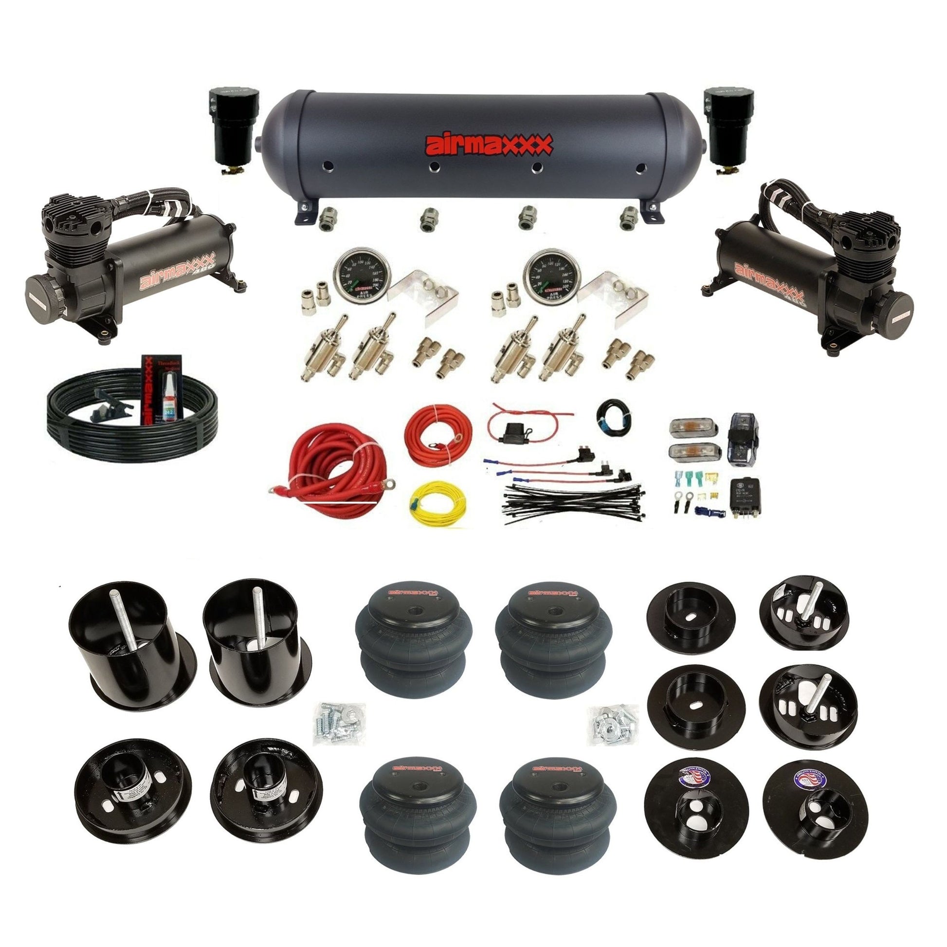 airmaxxx 480 blk air compressors black aluminum air tank & 2600 bags and brackets with install kit KCAD65-480B2-59ABK-4TOG2GA2B-WK-HF