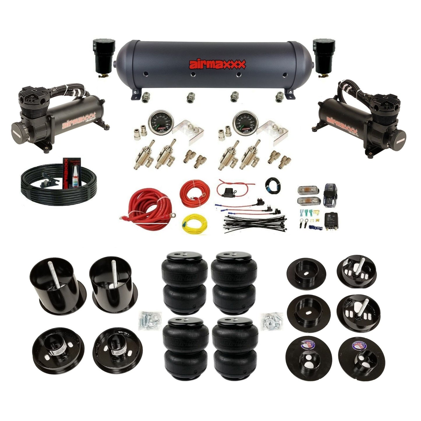 airmaxxx 480 blk air compressors black aluminum air tank & Air Lift bags and brackets with install kit KCAD65-480B2-59ABK-4TOG2GA2B-WK-HFD25