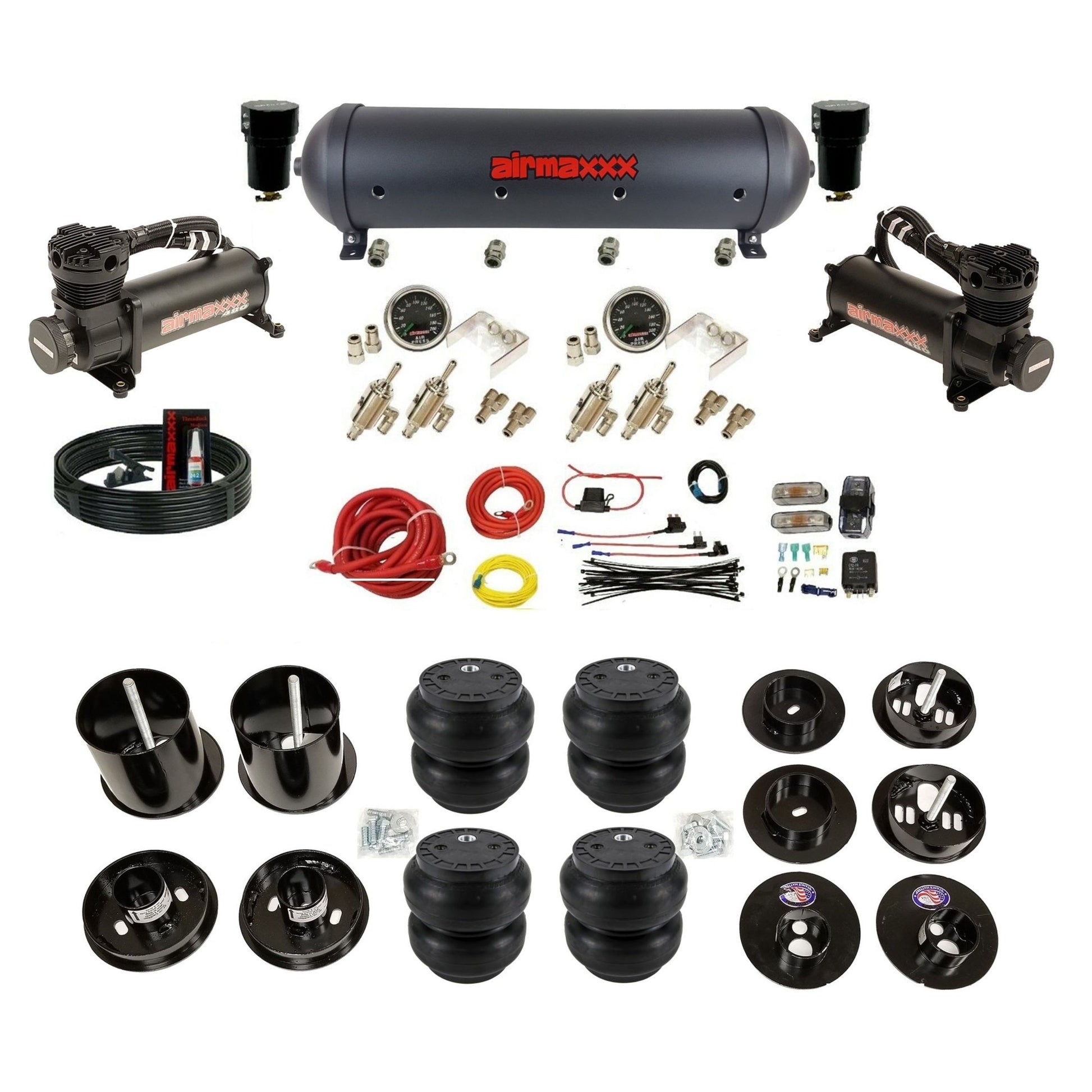 airmaxxx 480 blk air compressors black aluminum air tank & Slam bags and brackets with install kit KCAD65-480B2-59ABK-4TOG2GA2B-WK-HFSS7