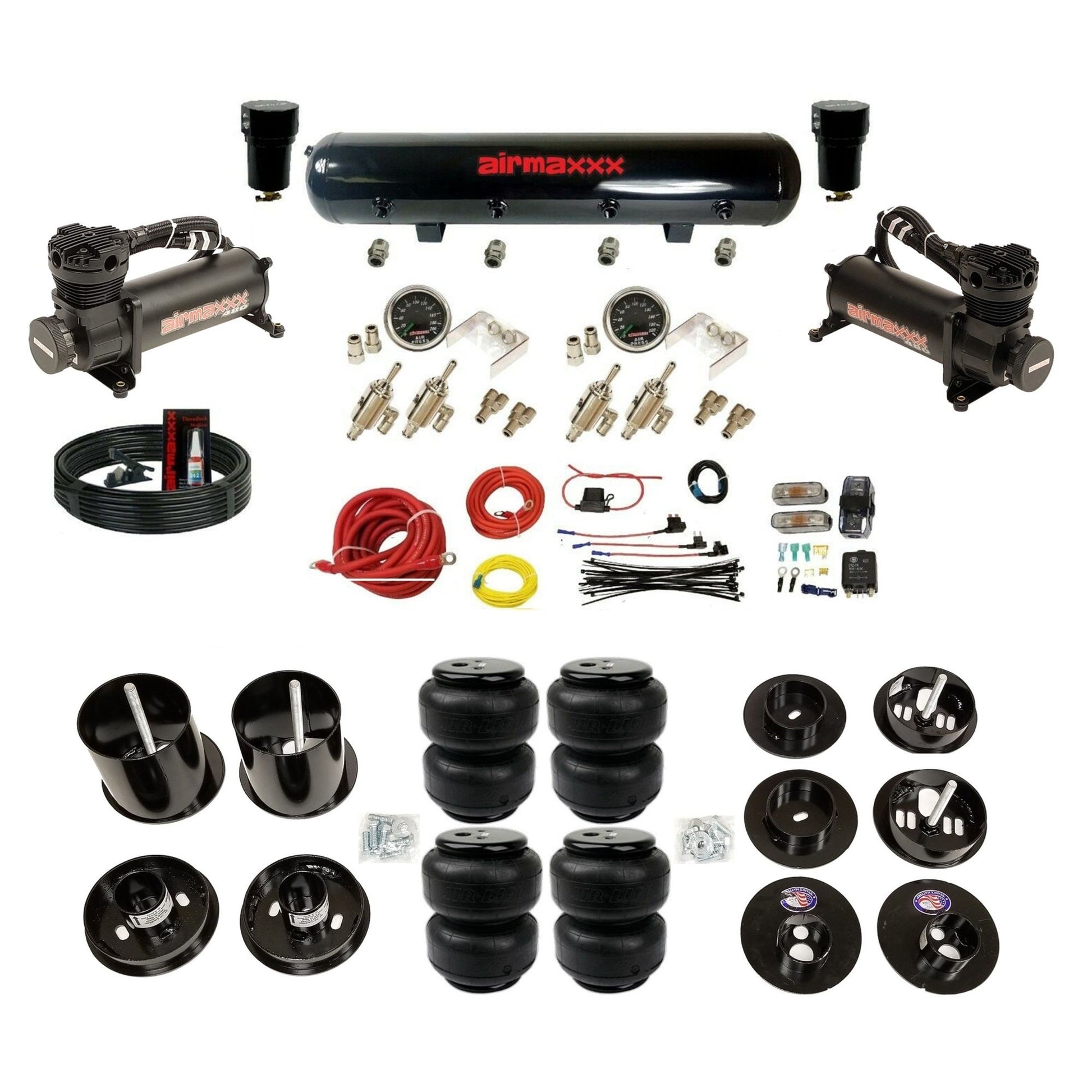 airmaxxx 480 blk air compressors black steel air tank & Air Lift bags and brackets with install kit KCAD65-480B2-59S-4TOG2GA2B-WK-HFD25