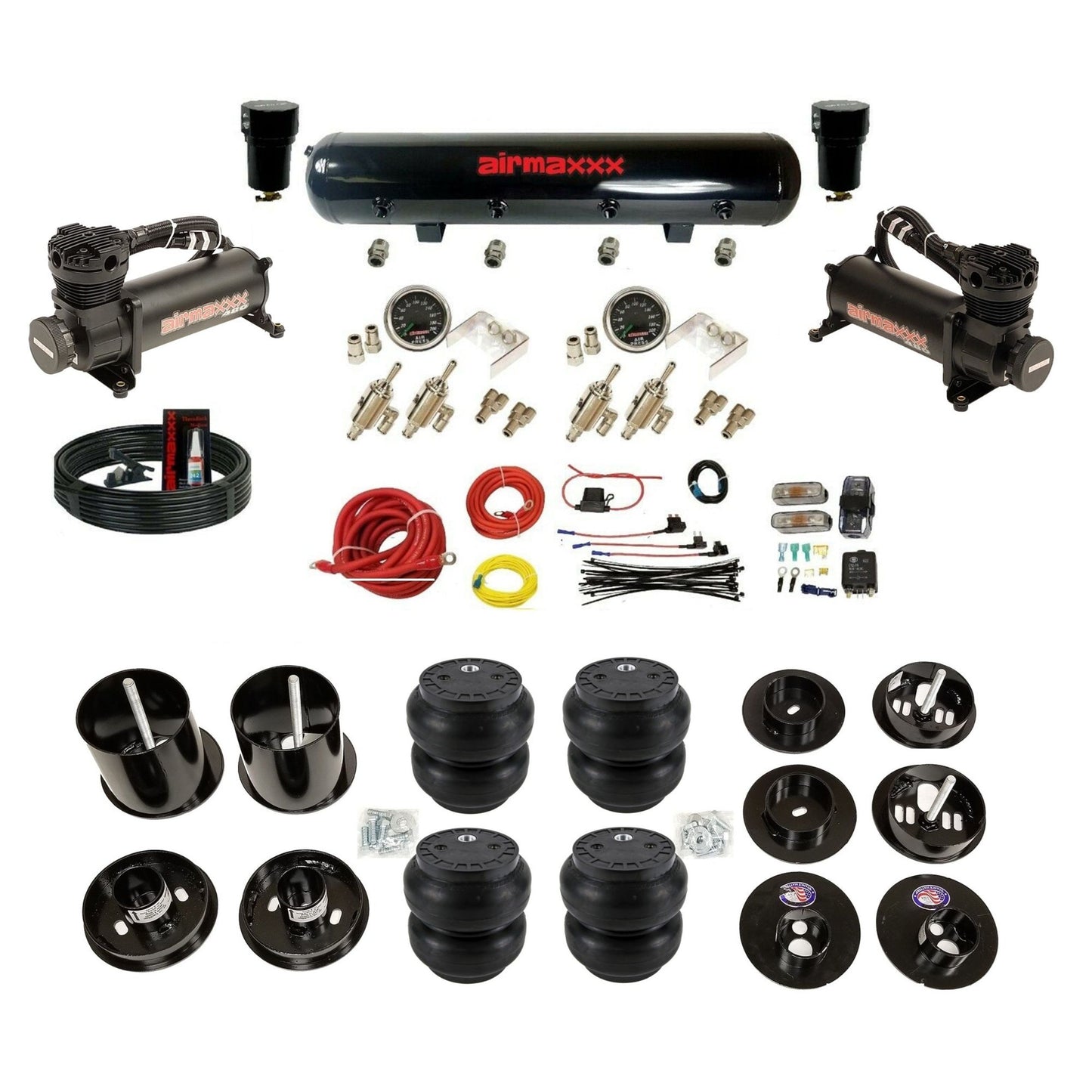 airmaxxx 480 blk air compressors black steel air tank & Slam bags and brackets with install kit KCAD65-480B2-59S-4TOG2GA2B-WK-HFSS7