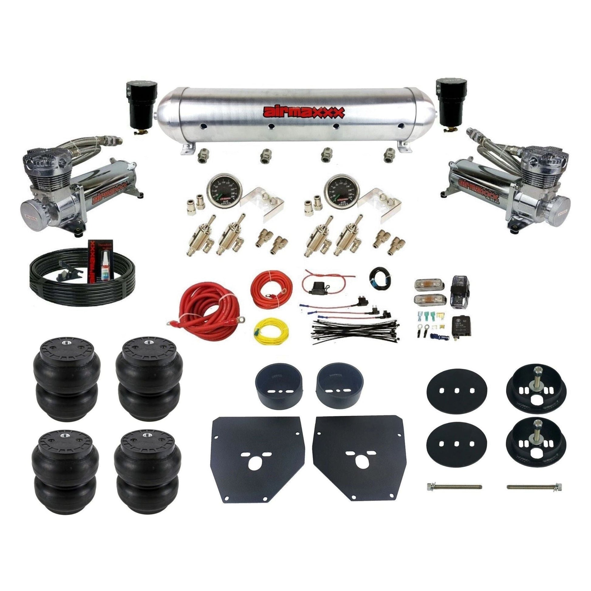 airmaxxx 480 chrome Compressors Manual Air Suspension Kit 3/8 DLOE Valve raw aluminum air tank Slam Bags & Brackets Fits 1963-72 KC1063-480C2-59ARW-4TOG2GA2B-WK-HFSS7
