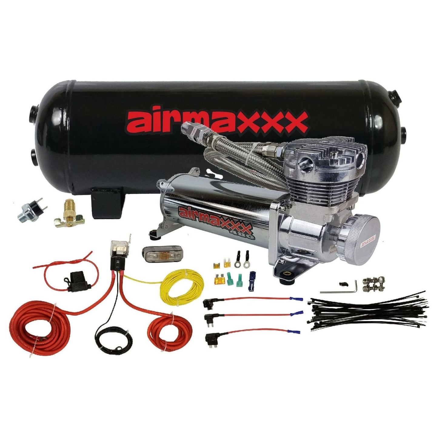 airmaxxx 480 chrome air compressor with 3 gallon steel air tank w/wiring install kit
