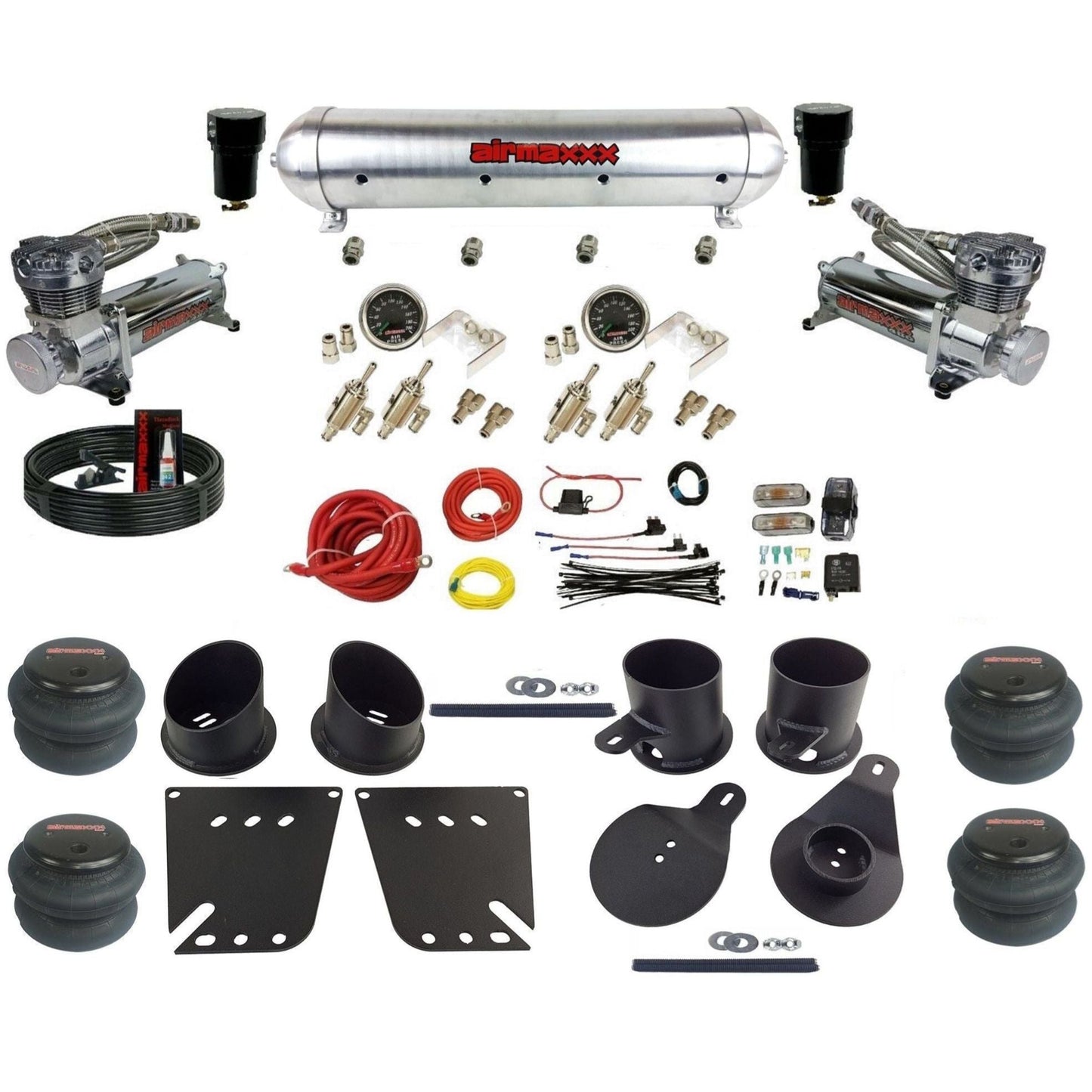 airmaxxx 480 chrome air compressors 3/8 manual air suspension raw aluminum air tank w/2600 bags kit fits 1958 64 chevy impala KIMP58-480C2-59ARW-4TOG2GA2B-WK-HF