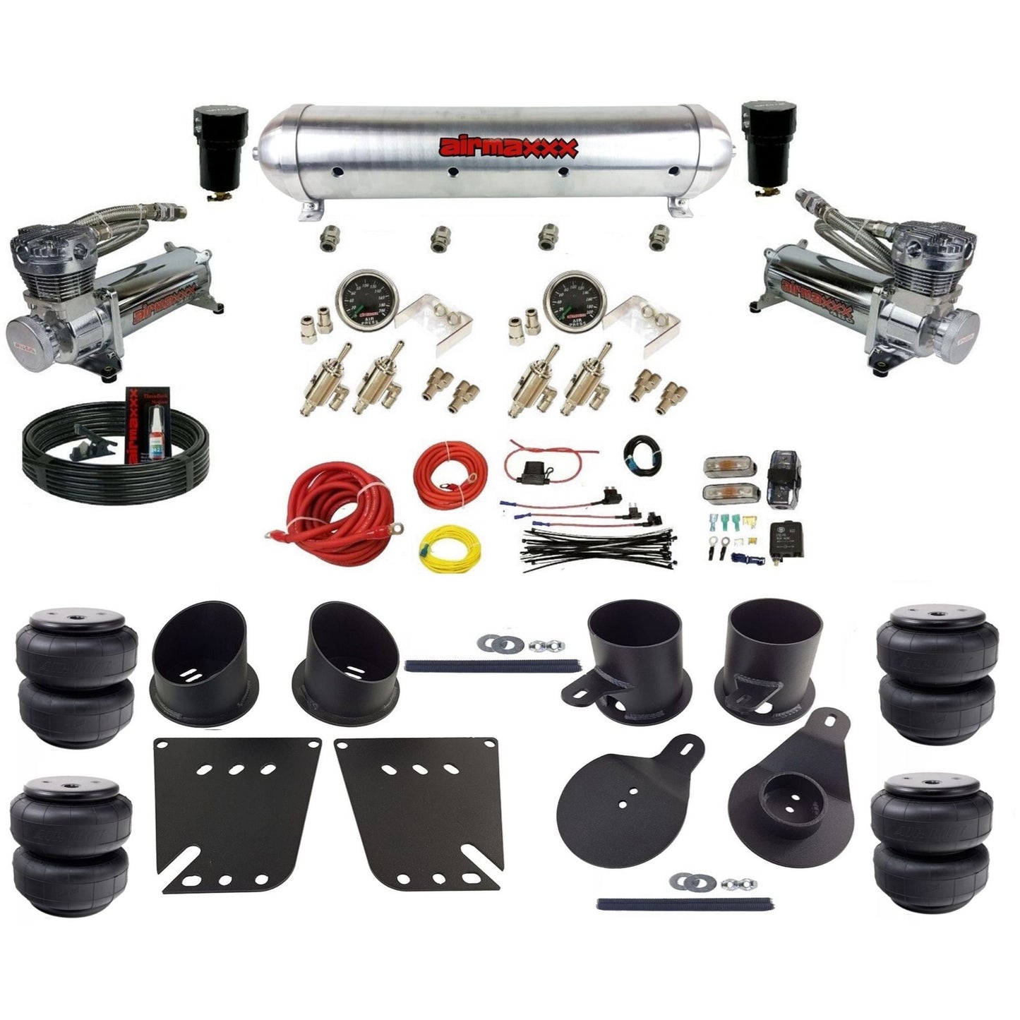 airmaxxx 480 chrome air compressors 3/8 manual air suspension raw aluminum air tank w/Air Lift bags kit fits 1958 64 chevy impala KIMP58-480C2-59ARW-4TOG2GA2B-WK-HFD25