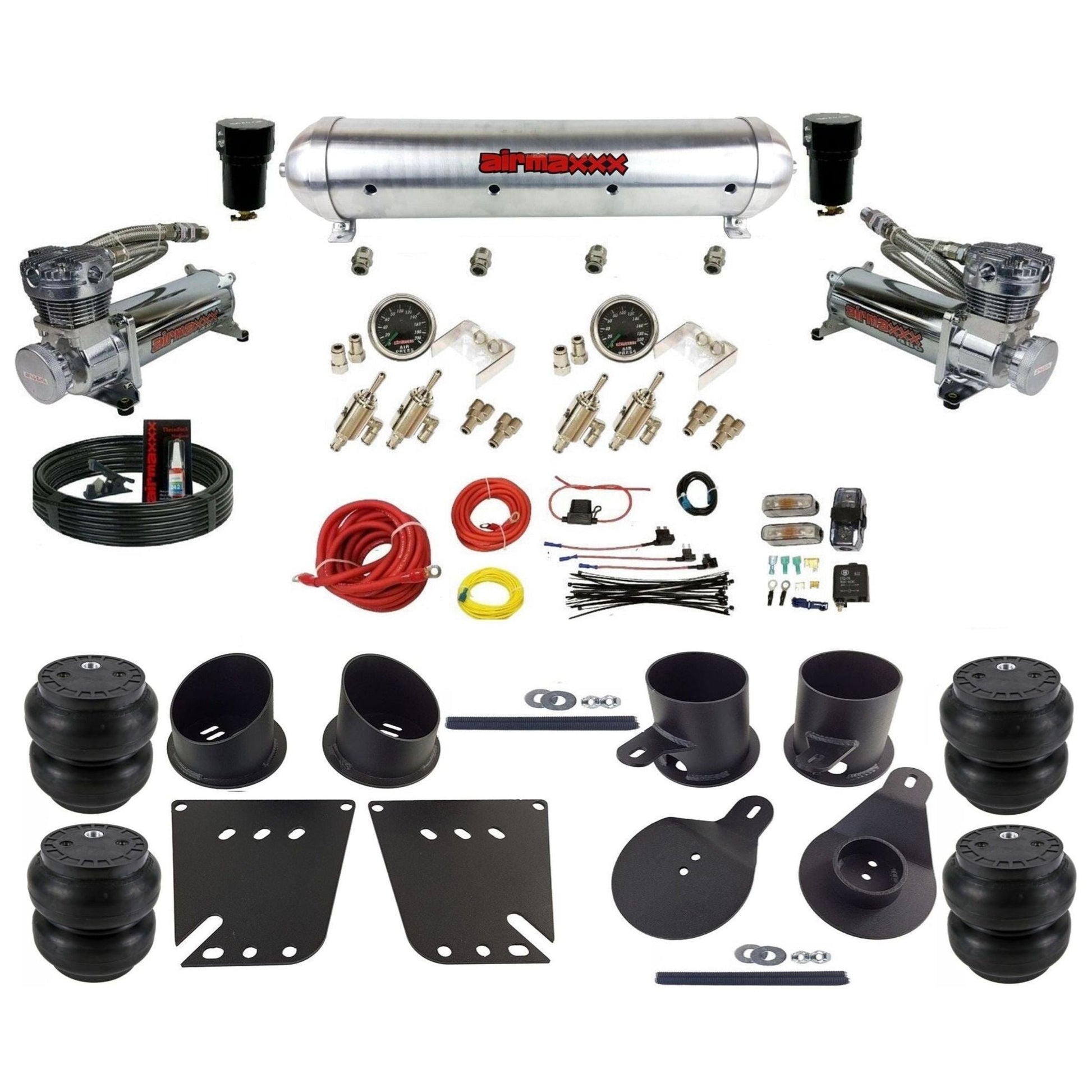 airmaxxx 480 chrome air compressors 3/8 manual air suspension raw aluminum air tank w/Slam bags kit fits 1958 64 chevy impala KIMP58-480C2-59ARW-4TOG2GA2B-WK-HFSS7